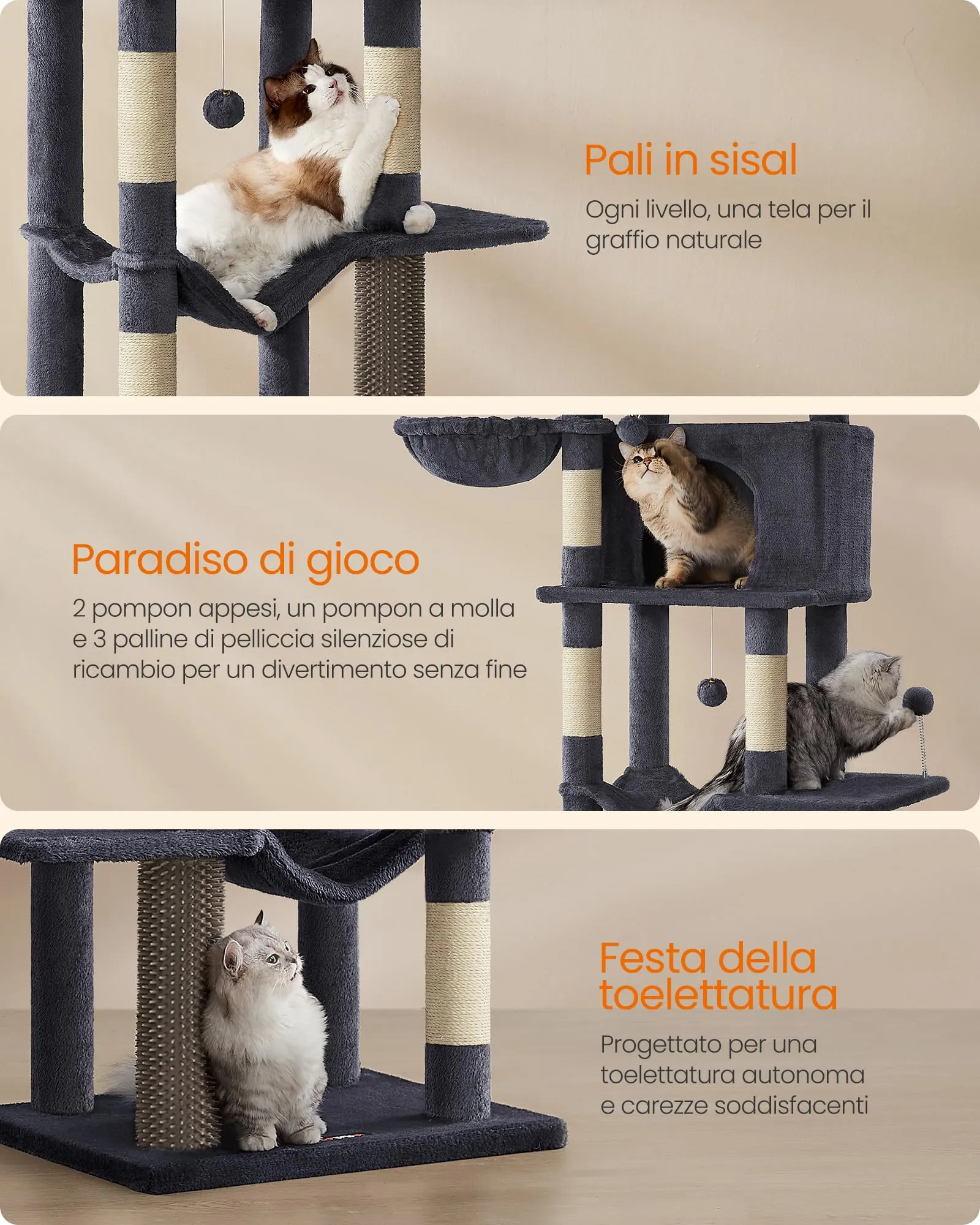 Feandrea Albero per Gatti, Torre Tiragraffi Alto 174 cm, Multilivelli - immagine 6