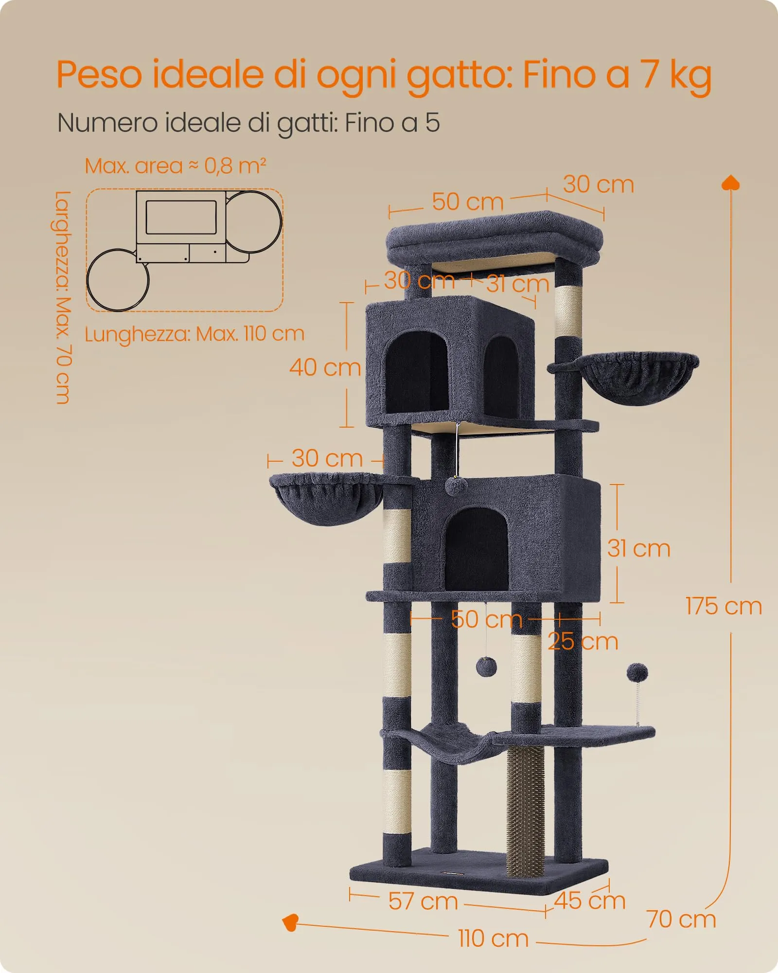 Feandrea Albero per Gatti, Torre Tiragraffi Alto 174 cm, Multilivelli - immagine 7