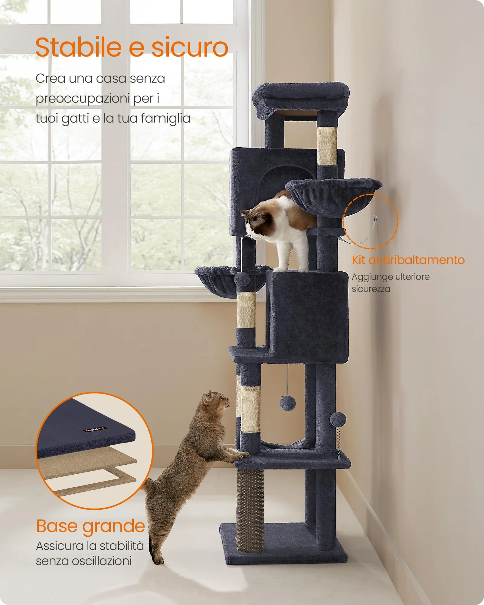 Feandrea Albero per Gatti, Torre Tiragraffi Alto 174 cm, Multilivelli - immagine 8