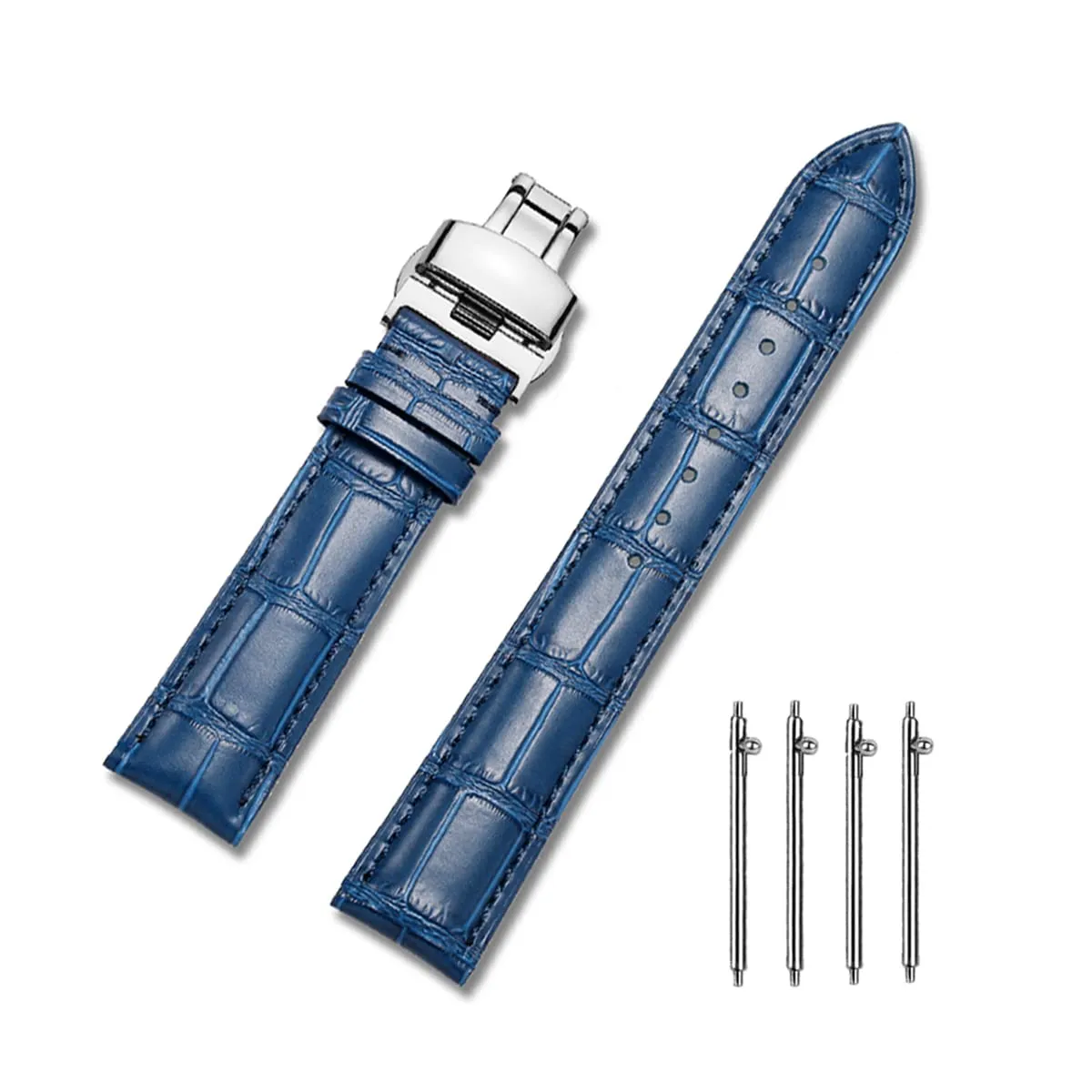 MUENShop Cinturini di Ricambio Vera Pelle Cinturino Barre Rapido Rilascio Fibbia Pieghevole Nero/Marrone/Blu 18mm 20mm 22mm 24mm per Uomo/Donna (Blu, 22mm) - immagine 1