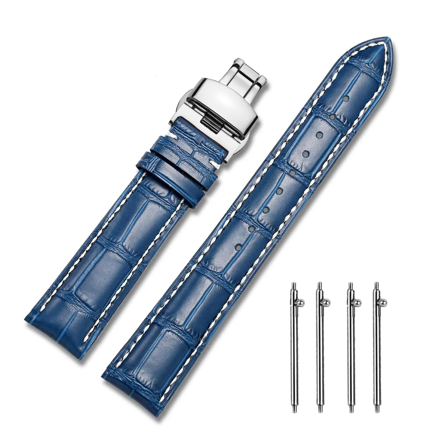 MUENShop Cinturini di Ricambio Vera Pelle Cinturino Barre Rapido Rilascio Fibbia Pieghevole Nero/Marrone/Blu 18mm 20mm 22mm 24mm per Uomo/Donna (Linea blu + bianca, 20mm) - immagine 1
