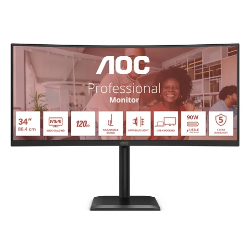 Aoc Monitor Curvo 34 LED Va Uwqhd 21:9 4MS 120hz 350 Cdm, Reg Altezza, Usb-C, DP/Hdmi, Multim Cu34e4cv - immagine 1