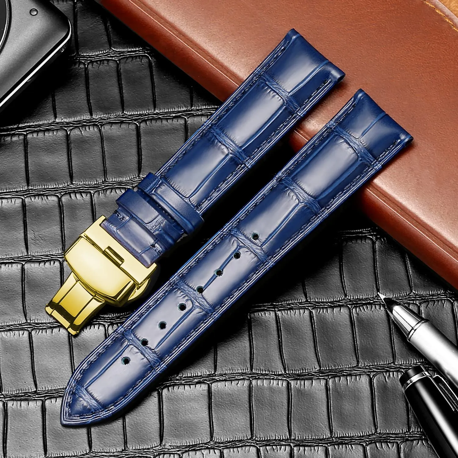 MUENShop Cinturini di Ricambio Vera Pelle Cinturino Barre Rapido Rilascio Fibbia Pieghevole Nero/Marrone/Blu 18mm 20mm 22mm 24mm per Uomo/Donna (Fibbia blu + oro, 24mm) - immagine 2