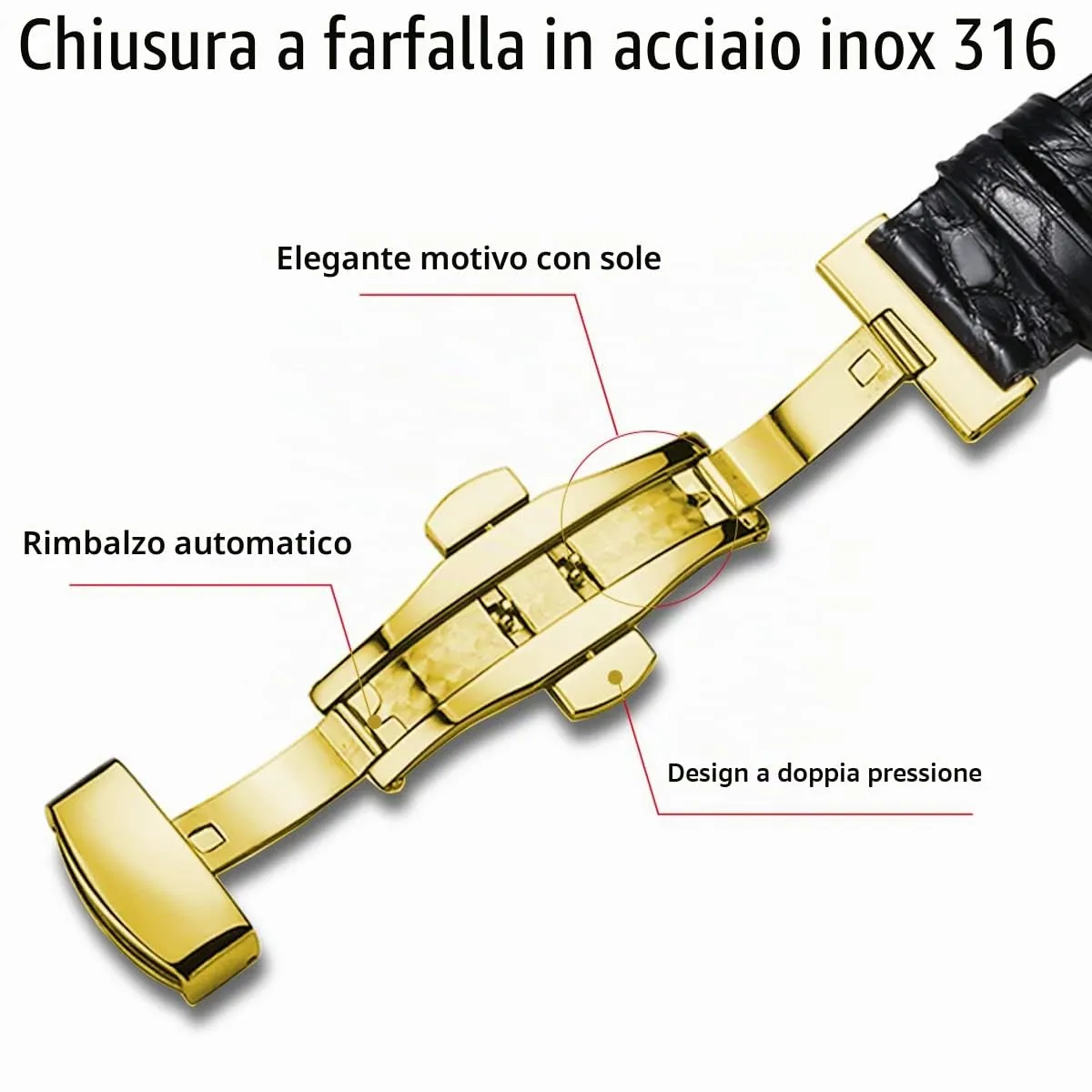 MUENShop Cinturini di Ricambio Vera Pelle Cinturino Barre Rapido Rilascio Fibbia Pieghevole Nero/Marrone/Blu 18mm 20mm 22mm 24mm per Uomo/Donna (Fibbia blu + oro, 24mm) - immagine 4