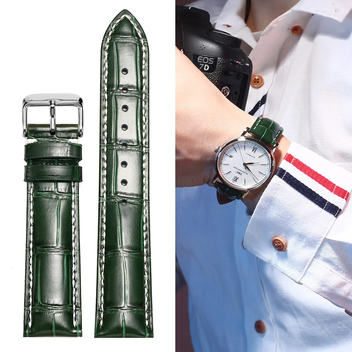MUENShop Cinturini di Ricambio Vera Pelle Cinturino Barre Rapido Rilascio Fibbia Pieghevole Nero/Marrone/Blu 18mm 20mm 22mm 24mm per Uomo/Donna (Fibbia ad ardiglione verde e bianca, 24mm) - immagine 4