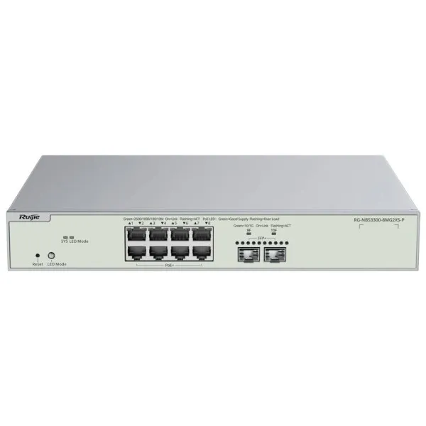 Switch gestito Layer 2 Ruijie RG-NBS3300-8MG2XS-P - 8 porte Ethernet fino a 25 Gbps - 2 porte SFP+ fino a 10 Gbps - PoE/PoE+ fino a 240 W - Alimentatore fisso - Colore acciaio - immagine 1