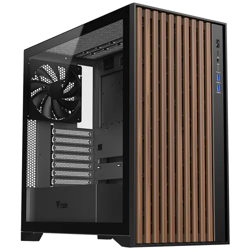 Case Woody W2B Gaming Tower Atx 4x14cm Black Fan 2xusb3 Type-C Wood Front Darker Temp Glass Side Itgcawow2b - immagine 1