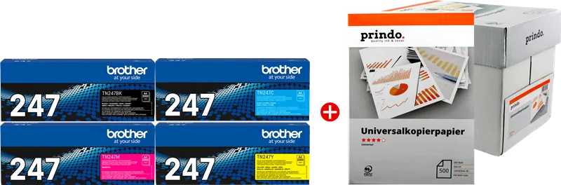 ORIGINALE Brother Value Pack nero / ciano / magenta / giallo TN-247 MCVP 01 + Prindo Universal Papier 2500 Blatt 9900 pagine - immagine 1