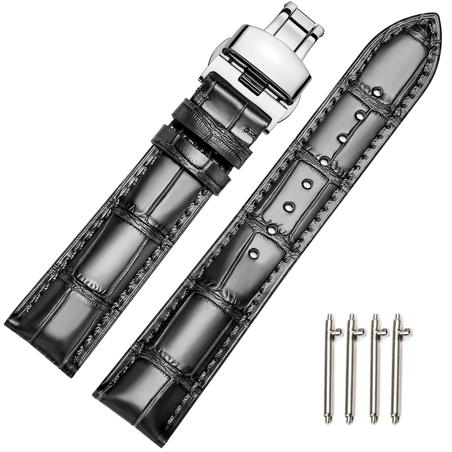 MUENShop Cinturini di Ricambio Vera Pelle Cinturino Barre Rapido Rilascio Fibbia Pieghevole Nero/Marrone/Blu 18mm 20mm 22mm 24mm per Uomo/Donna - immagine 1