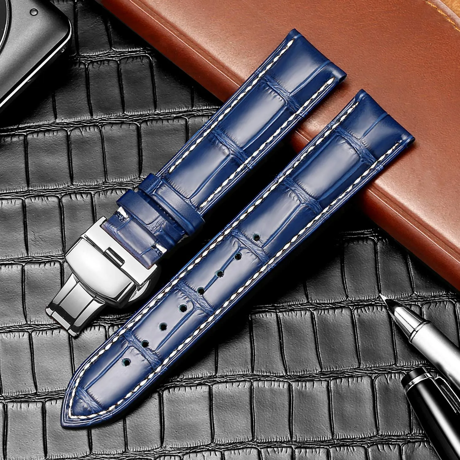 MUENShop Cinturini di Ricambio Vera Pelle Cinturino Barre Rapido Rilascio Fibbia Pieghevole Nero/Marrone/Blu 18mm 20mm 22mm 24mm per Uomo/Donna - immagine 3