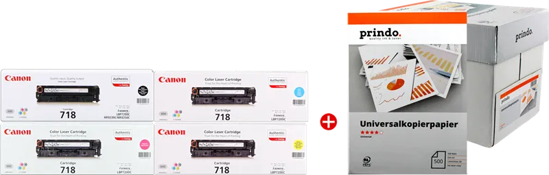 ORIGINALE Canon Value Pack nero / ciano / magenta / giallo 718 MCVP 01 + Prindo carta universale 2500 fogli 12100 pagine - immagine 1