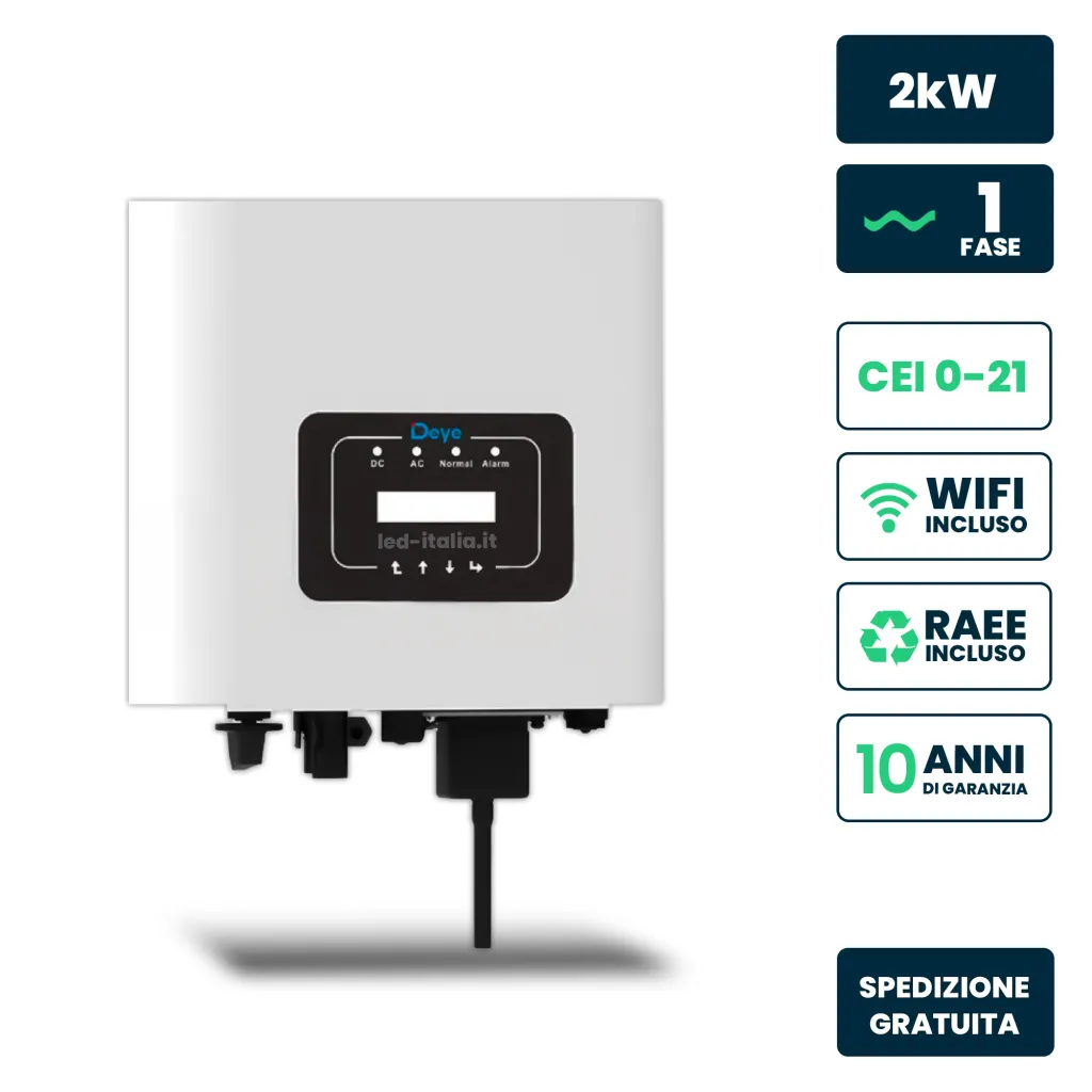 V-TAC Inverter Fotovoltaico di Rete On-Grid Deye Monofase 2kW Singolo MPPT CEI 0-21 Schermo LCD WiFi Incluso Garanzia 10 Anni IP65 - immagine 1