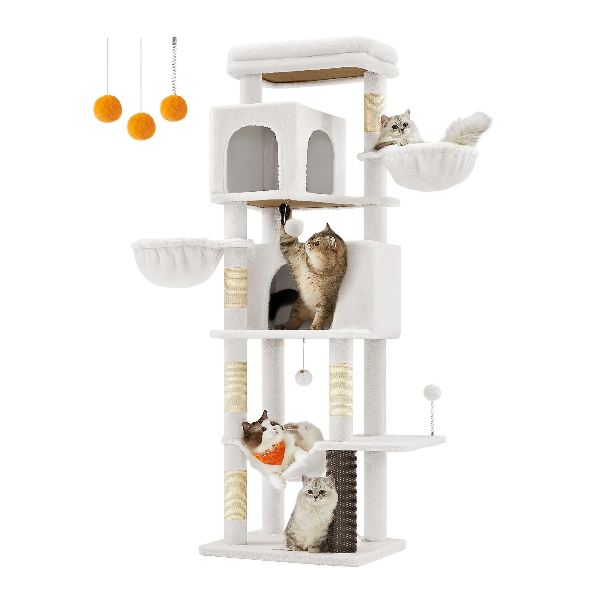 Feandrea Albero per Gatti Grande, Torre Tiragraffi Alto 175 cm, Multilivelli con 2 Grotte, 2 Cestini, 5 Graffiatoi, Autospazzola, Trespolo, Amaca, Bianco Crema PCT182W02 - immagine 1