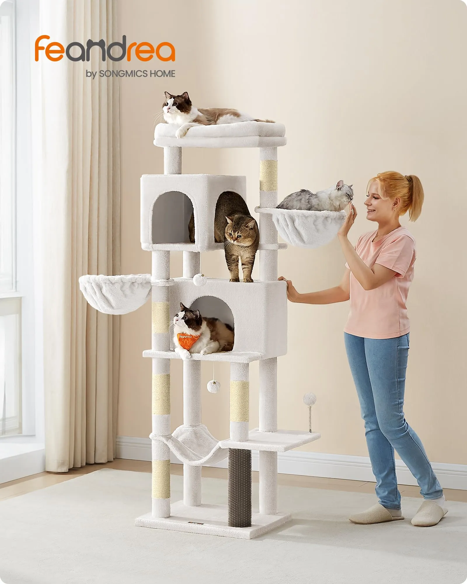Feandrea Albero per Gatti Grande, Torre Tiragraffi Alto 175 cm, Multilivelli con 2 Grotte, 2 Cestini, 5 Graffiatoi, Autospazzola, Trespolo, Amaca, Bianco Crema PCT182W02 - immagine 2
