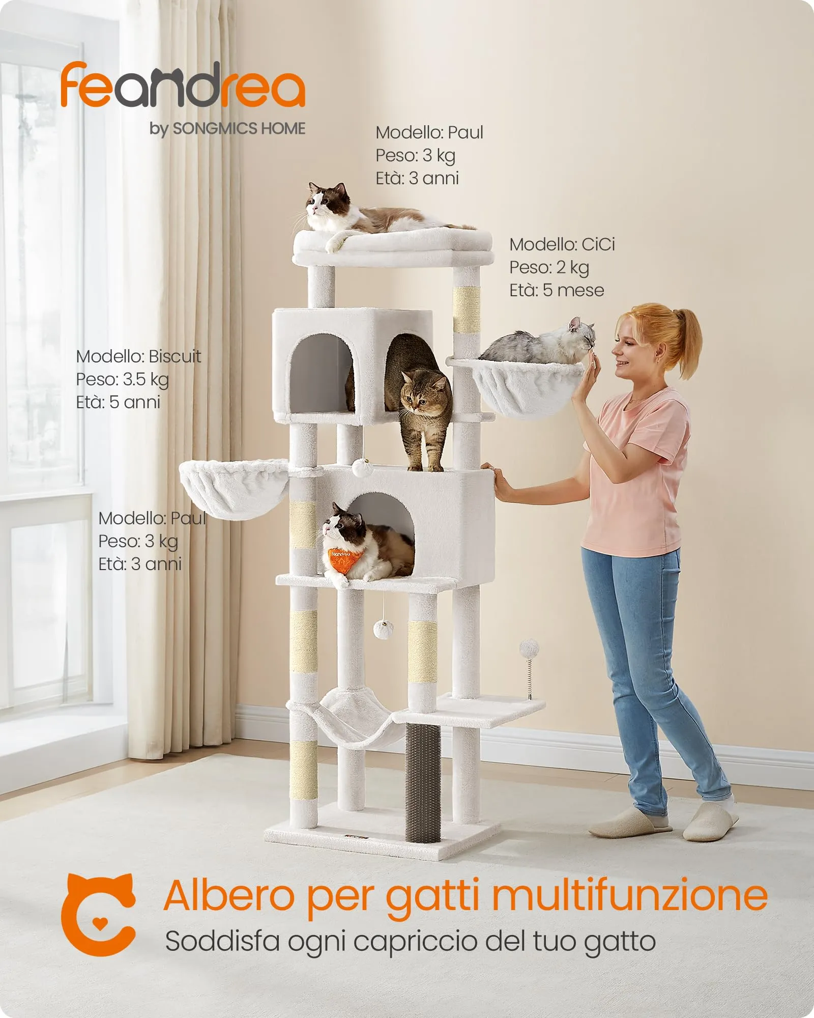 Feandrea Albero per Gatti Grande, Torre Tiragraffi Alto 175 cm, Multilivelli con 2 Grotte, 2 Cestini, 5 Graffiatoi, Autospazzola, Trespolo, Amaca, Bianco Crema PCT182W02 - immagine 3