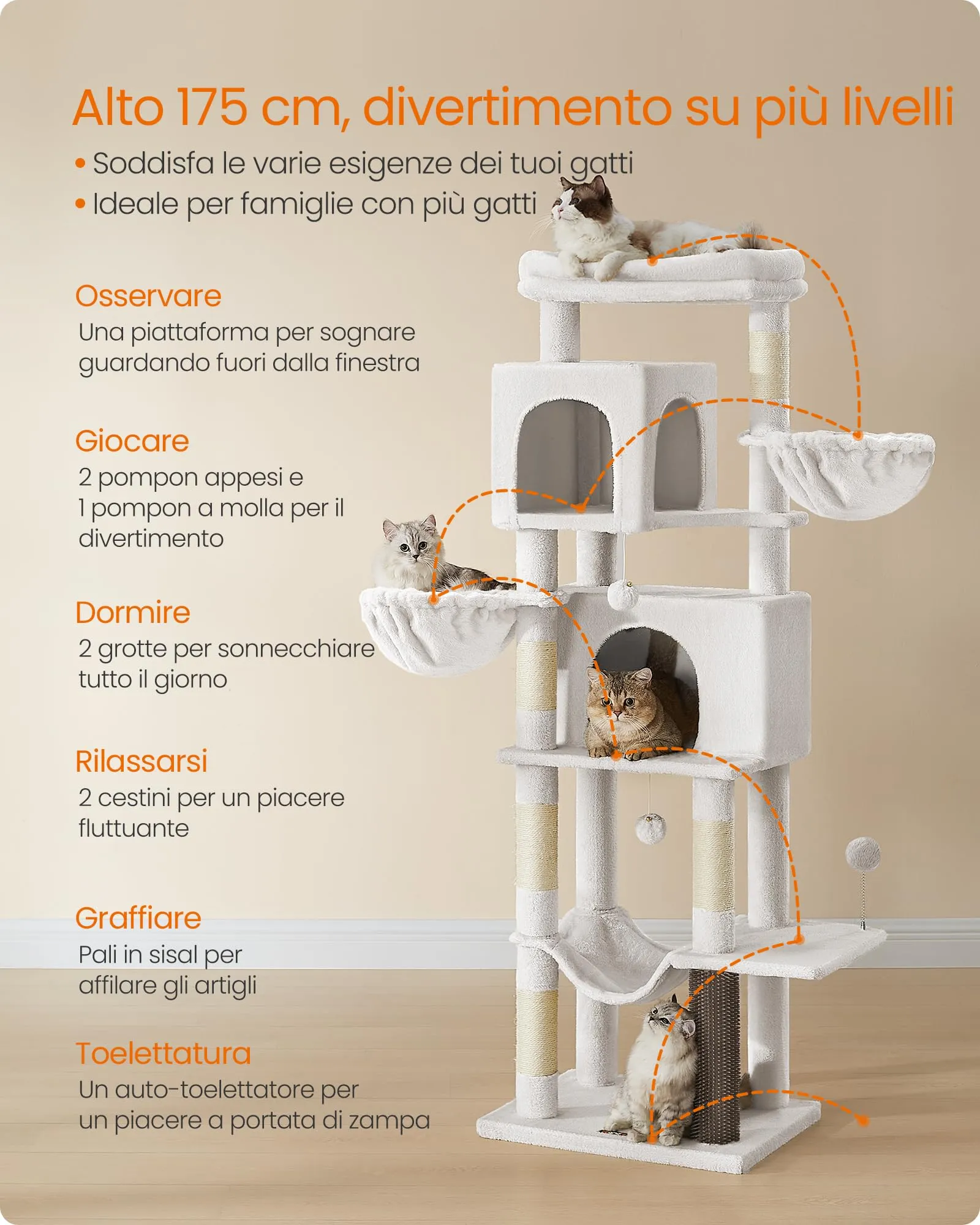 Feandrea Albero per Gatti Grande, Torre Tiragraffi Alto 175 cm, Multilivelli con 2 Grotte, 2 Cestini, 5 Graffiatoi, Autospazzola, Trespolo, Amaca, Bianco Crema PCT182W02 - immagine 4