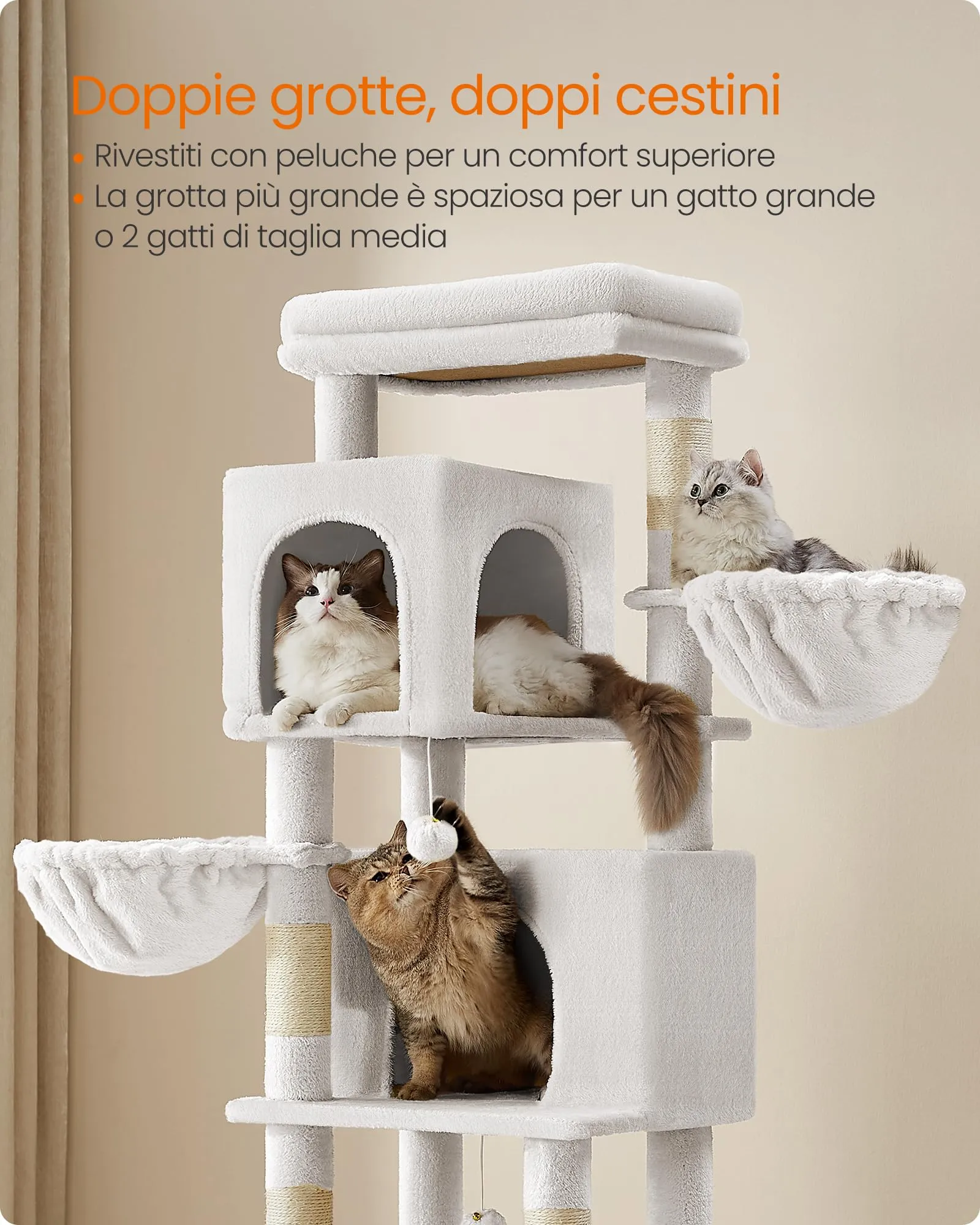 Feandrea Albero per Gatti Grande, Torre Tiragraffi Alto 175 cm, Multilivelli con 2 Grotte, 2 Cestini, 5 Graffiatoi, Autospazzola, Trespolo, Amaca, Bianco Crema PCT182W02 - immagine 5