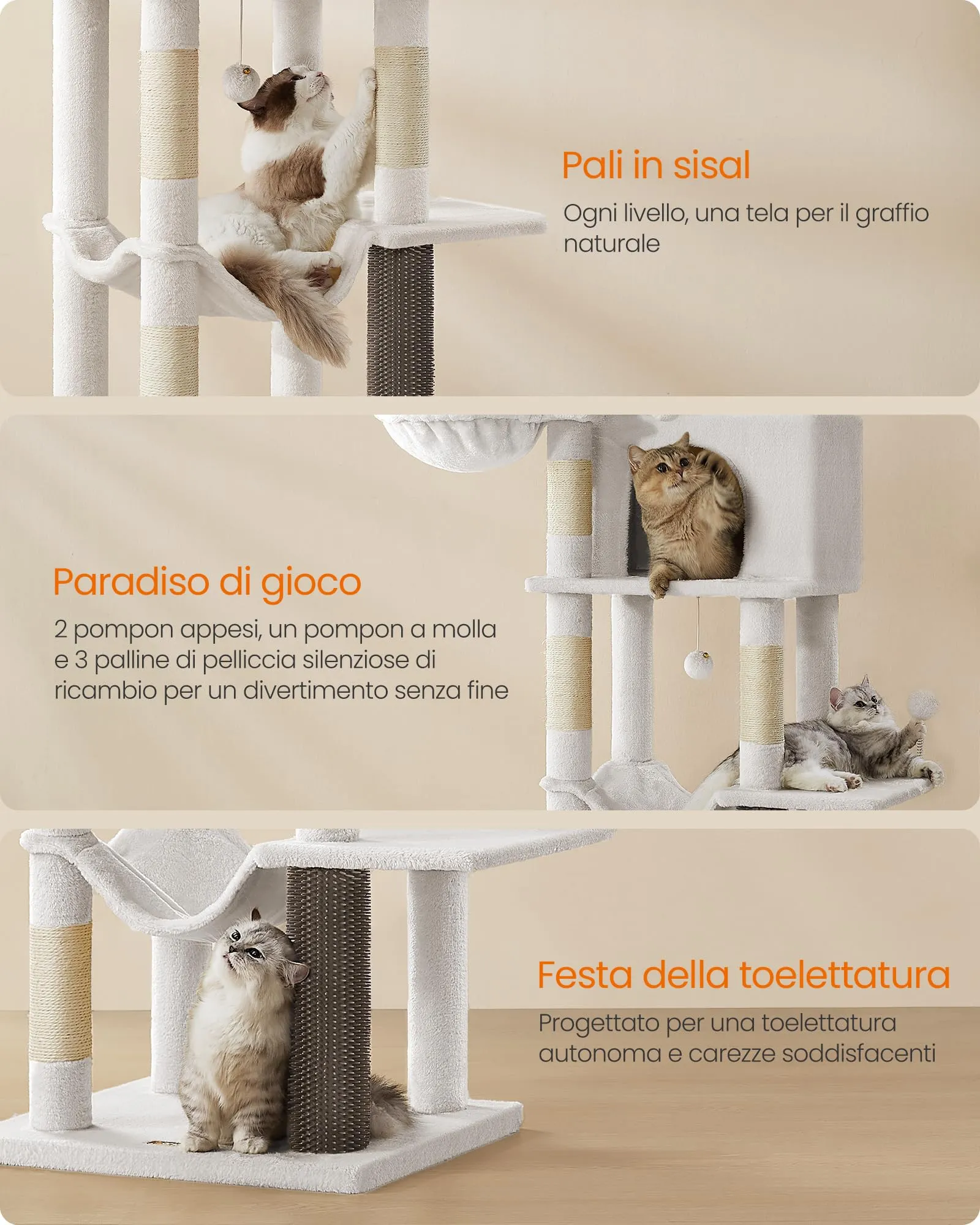 Feandrea Albero per Gatti Grande, Torre Tiragraffi Alto 175 cm, Multilivelli con 2 Grotte, 2 Cestini, 5 Graffiatoi, Autospazzola, Trespolo, Amaca, Bianco Crema PCT182W02 - immagine 6