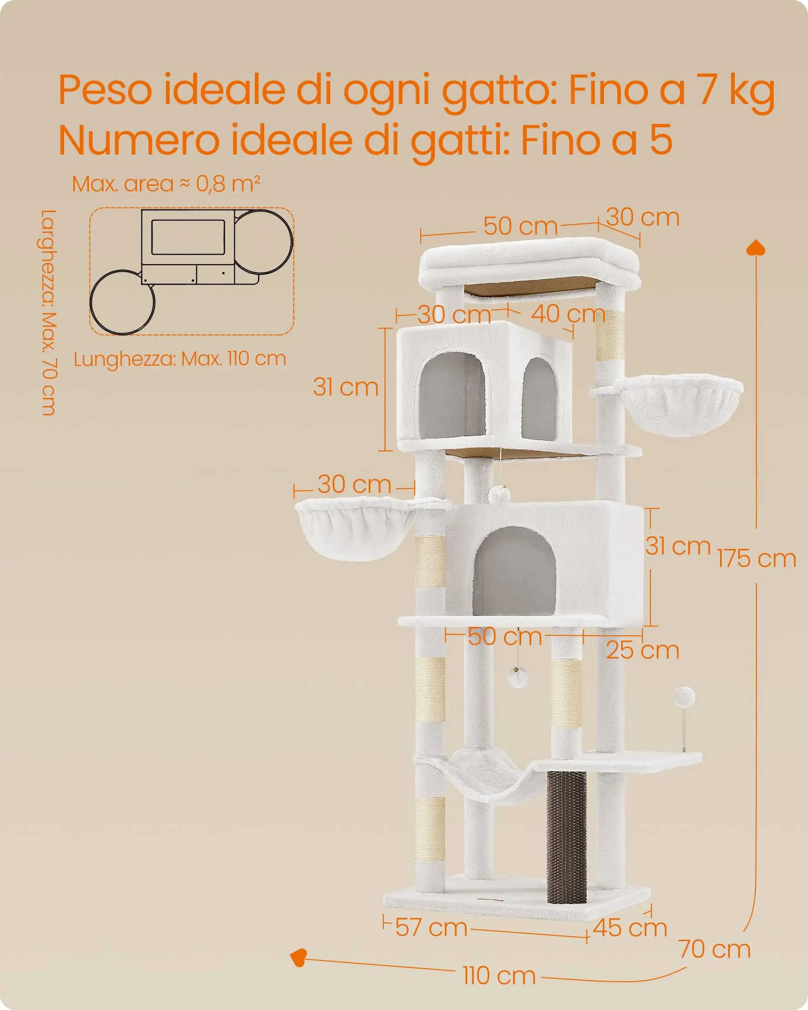 Feandrea Albero per Gatti Grande, Torre Tiragraffi Alto 175 cm, Multilivelli con 2 Grotte, 2 Cestini, 5 Graffiatoi, Autospazzola, Trespolo, Amaca, Bianco Crema PCT182W02 - immagine 7