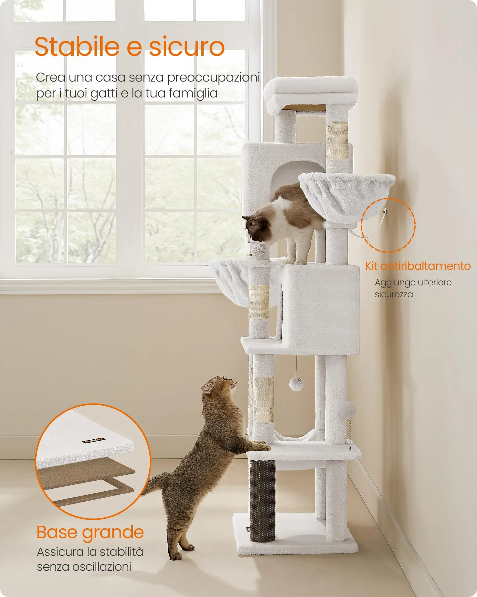 Feandrea Albero per Gatti Grande, Torre Tiragraffi Alto 175 cm, Multilivelli con 2 Grotte, 2 Cestini, 5 Graffiatoi, Autospazzola, Trespolo, Amaca, Bianco Crema PCT182W02 - immagine 8