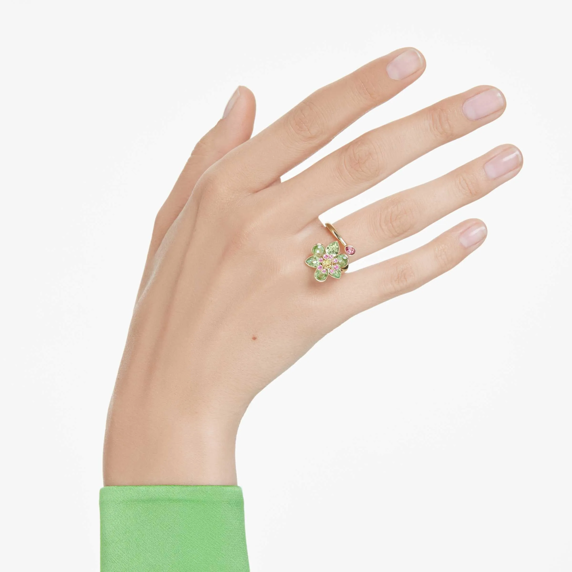 Swarovski Idyllia Anello Aperto, Gioiello Versatile con Cristalli Verdi, Rosa e Gialli, Pietre Preziose a Taglio Misto, Motivo a Fiore, Placcatura in Tonalità Oro, Taglia 50 - immagine 5