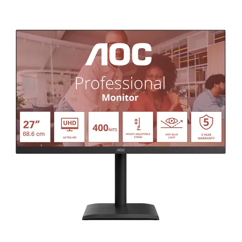 Aoc Monitor 27 LED Ips 4K UHD 16:9 4MS 75hz 400 Cdm, Pivot, DP/Hdmi, Usb-C, Multimediale U27e4cv - immagine 1