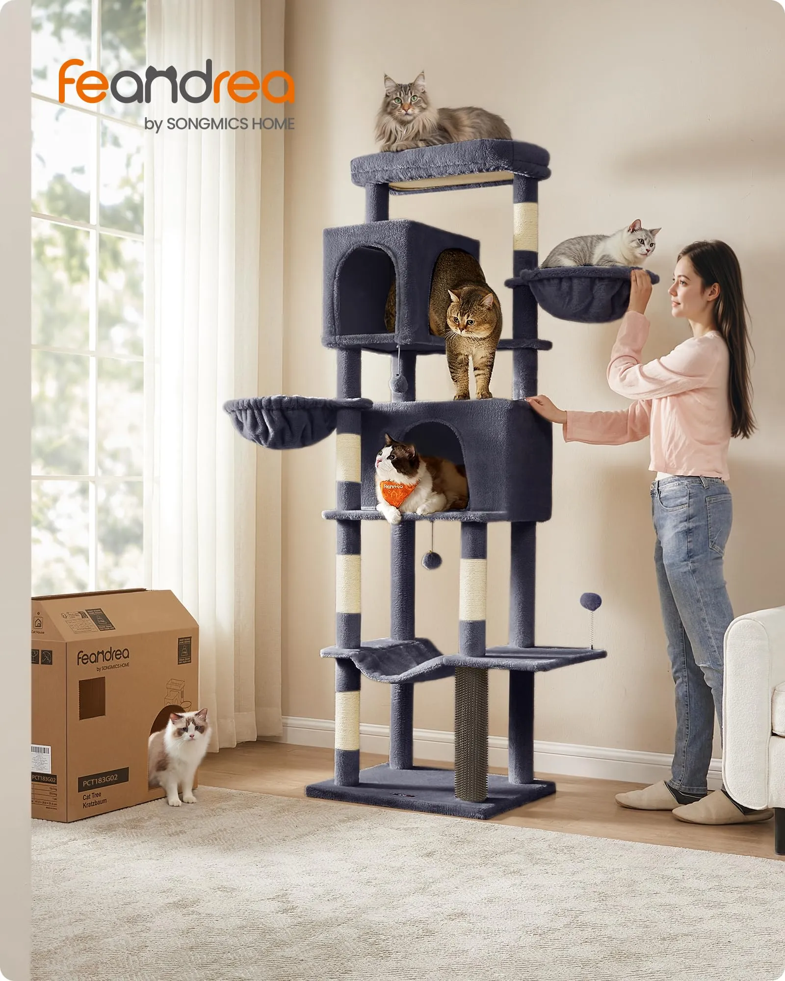Feandrea Albero per Gatti Grande, Torre Tiragraffi Alto 190,7 cm, Multilivelli con 2 Grotte, 2 Cestini, 5 Graffiatoi, Autospazzola, Trespolo, Amaca, Grigio Scuro PCT183G02 - immagine 2
