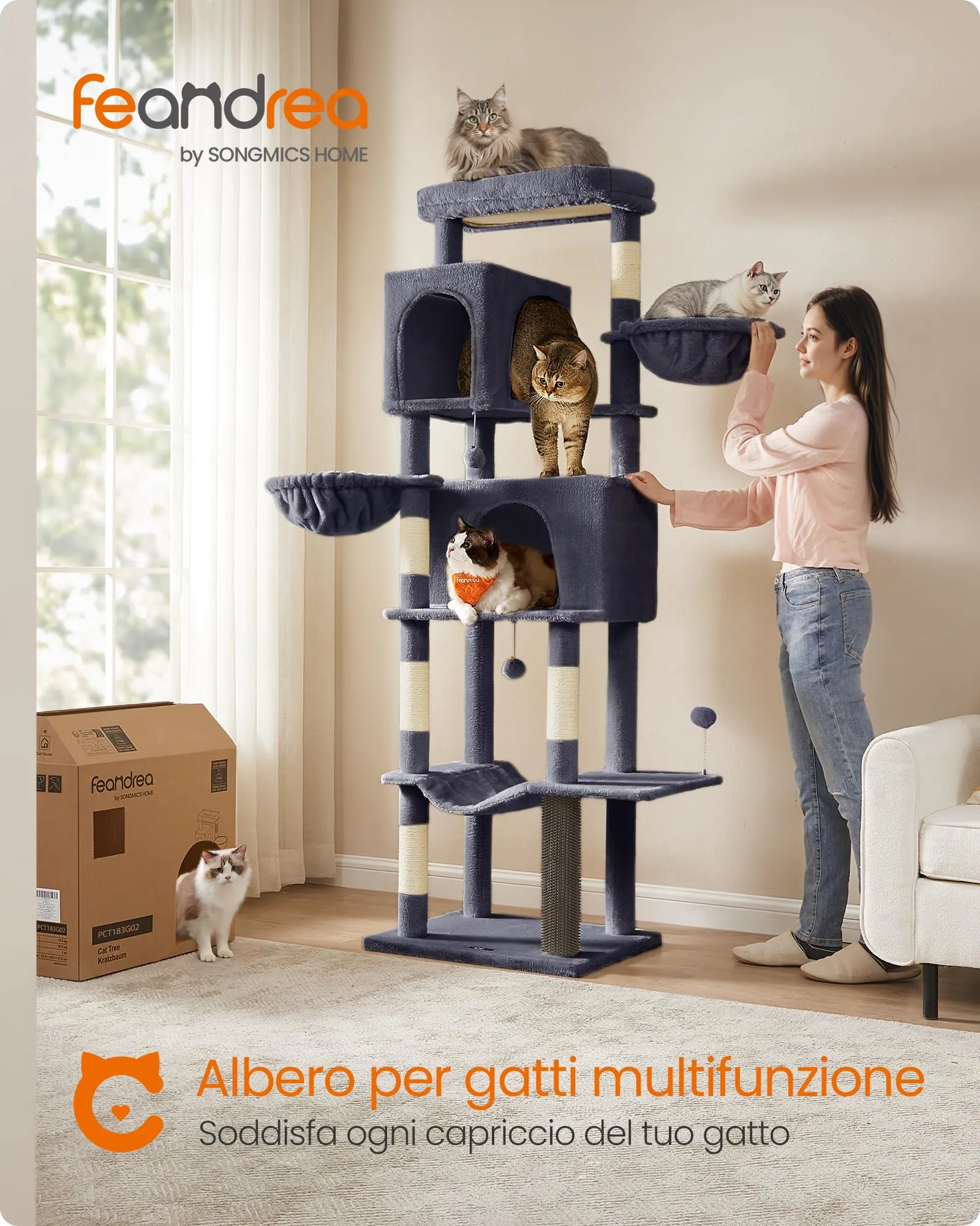 Feandrea Albero per Gatti Grande, Torre Tiragraffi Alto 190,7 cm, Multilivelli con 2 Grotte, 2 Cestini, 5 Graffiatoi, Autospazzola, Trespolo, Amaca, Grigio Scuro PCT183G02 - immagine 3