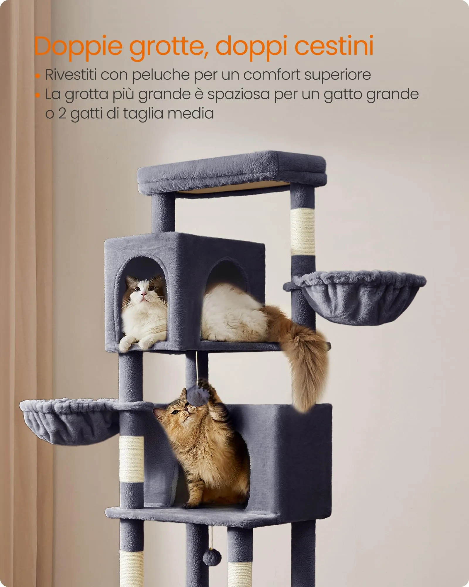 Feandrea Albero per Gatti Grande, Torre Tiragraffi Alto 190,7 cm, Multilivelli con 2 Grotte, 2 Cestini, 5 Graffiatoi, Autospazzola, Trespolo, Amaca, Grigio Scuro PCT183G02 - immagine 5