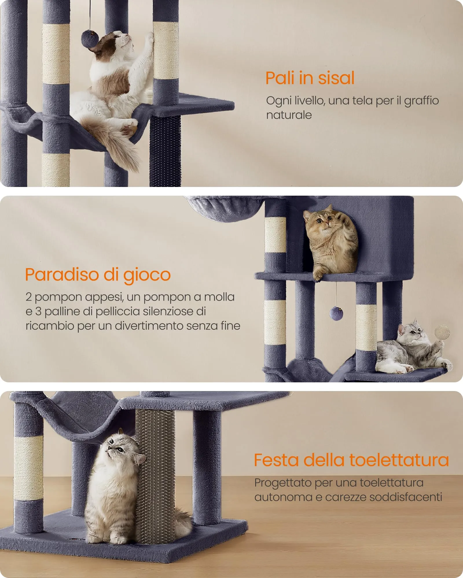 Feandrea Albero per Gatti Grande, Torre Tiragraffi Alto 190,7 cm, Multilivelli con 2 Grotte, 2 Cestini, 5 Graffiatoi, Autospazzola, Trespolo, Amaca, Grigio Scuro PCT183G02 - immagine 6