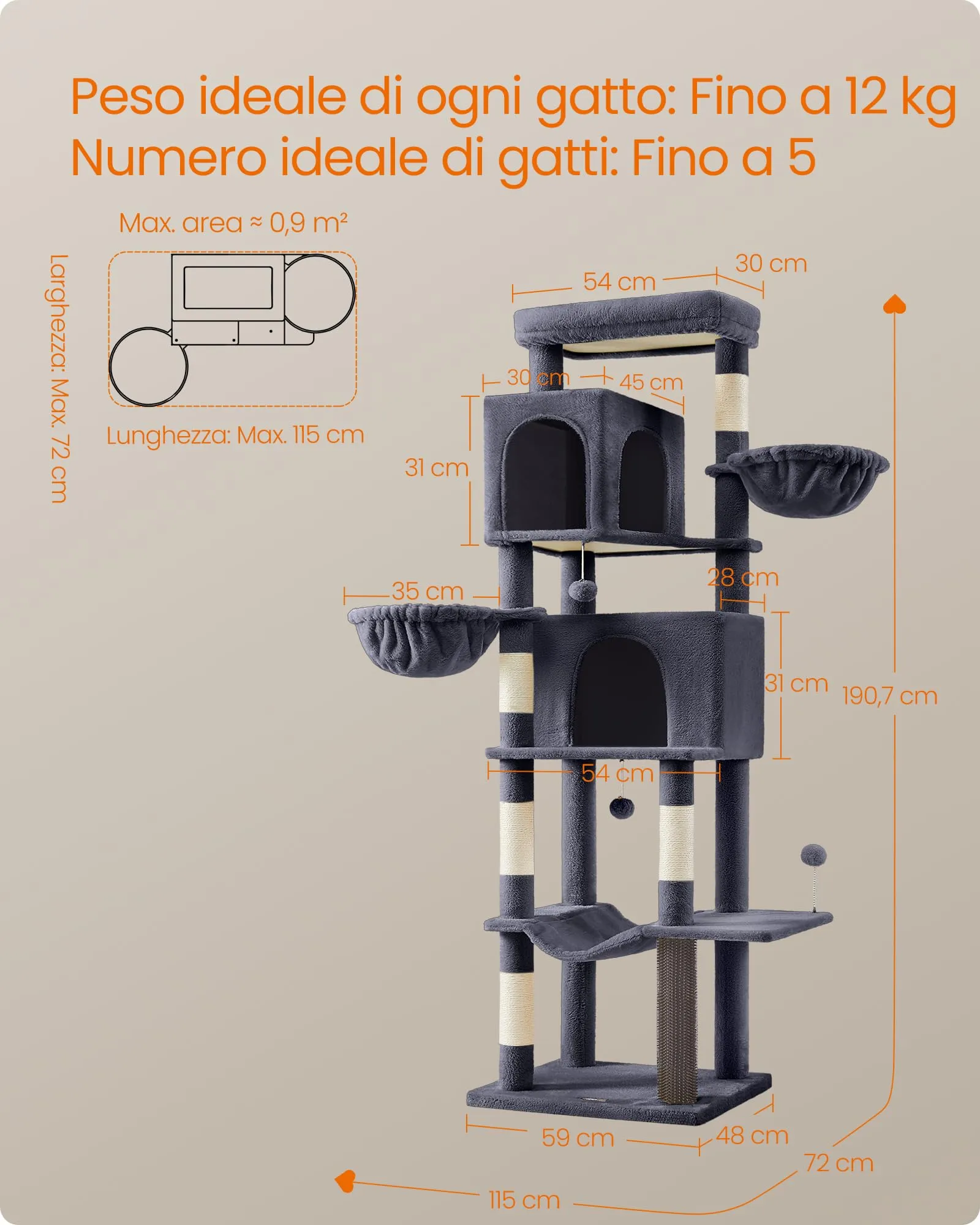 Feandrea Albero per Gatti Grande, Torre Tiragraffi Alto 190,7 cm, Multilivelli con 2 Grotte, 2 Cestini, 5 Graffiatoi, Autospazzola, Trespolo, Amaca, Grigio Scuro PCT183G02 - immagine 7