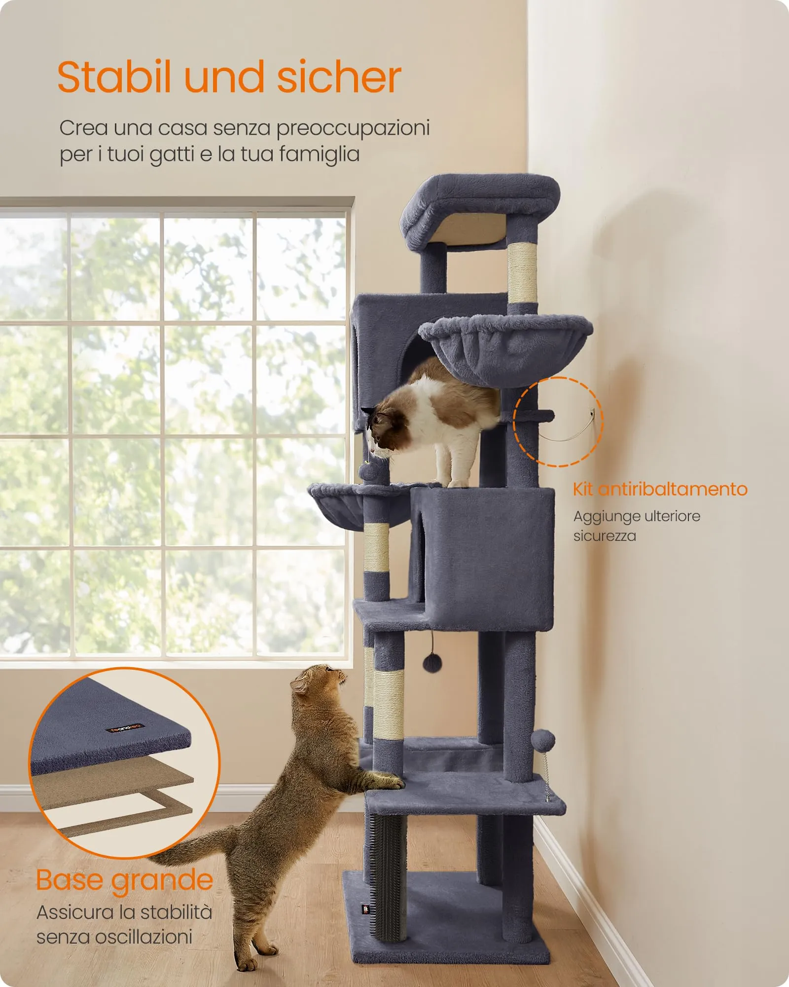 Feandrea Albero per Gatti Grande, Torre Tiragraffi Alto 190,7 cm, Multilivelli con 2 Grotte, 2 Cestini, 5 Graffiatoi, Autospazzola, Trespolo, Amaca, Grigio Scuro PCT183G02 - immagine 8