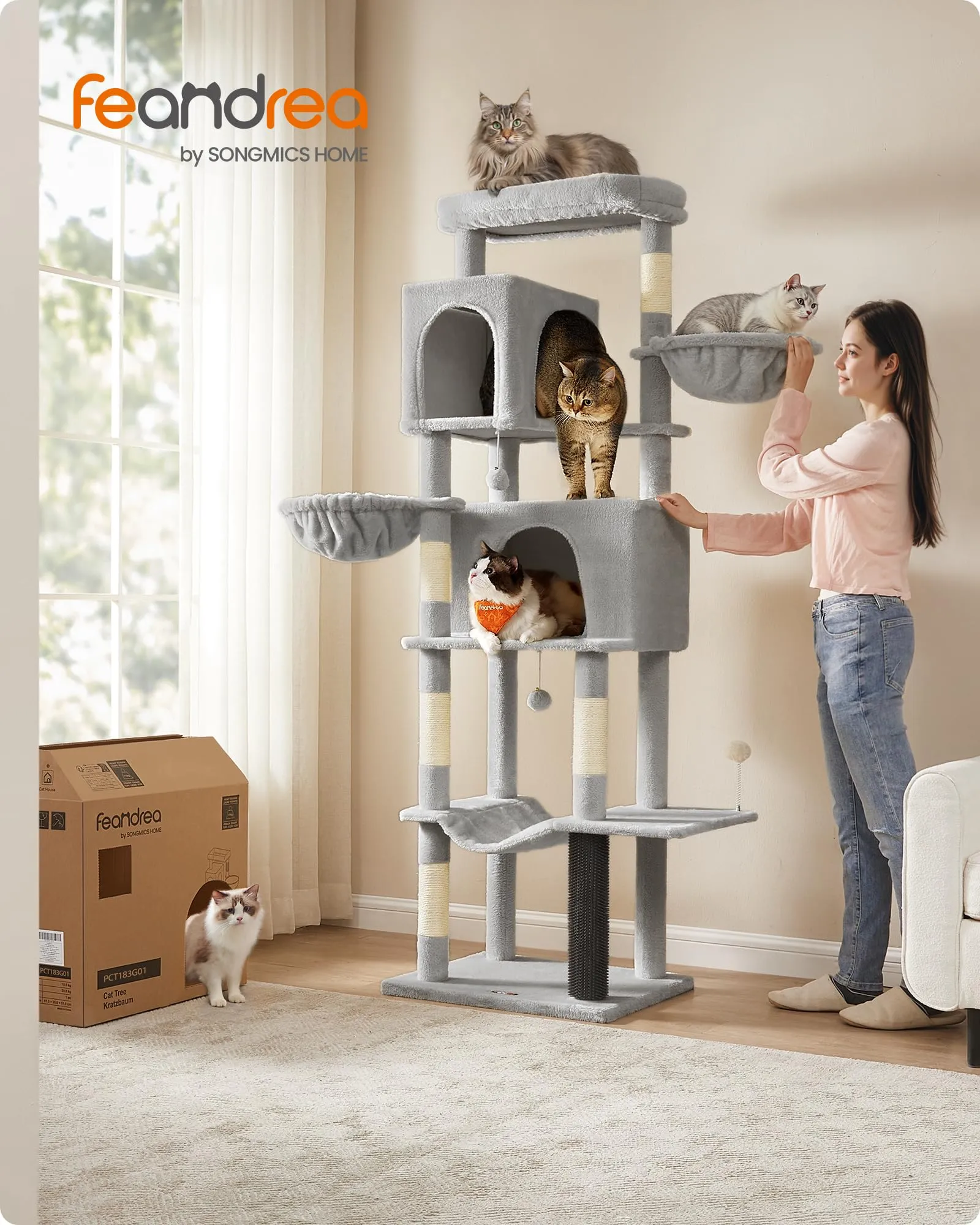 Feandrea Albero per Gatti Grande, Torre Tiragraffi Alto 190,7 cm, Multilivelli con 2 Grotte, 2 Cestini, 5 Graffiatoi, Autospazzola, Trespolo, Amaca, Grigio Tortora PCT183G01 - immagine 2