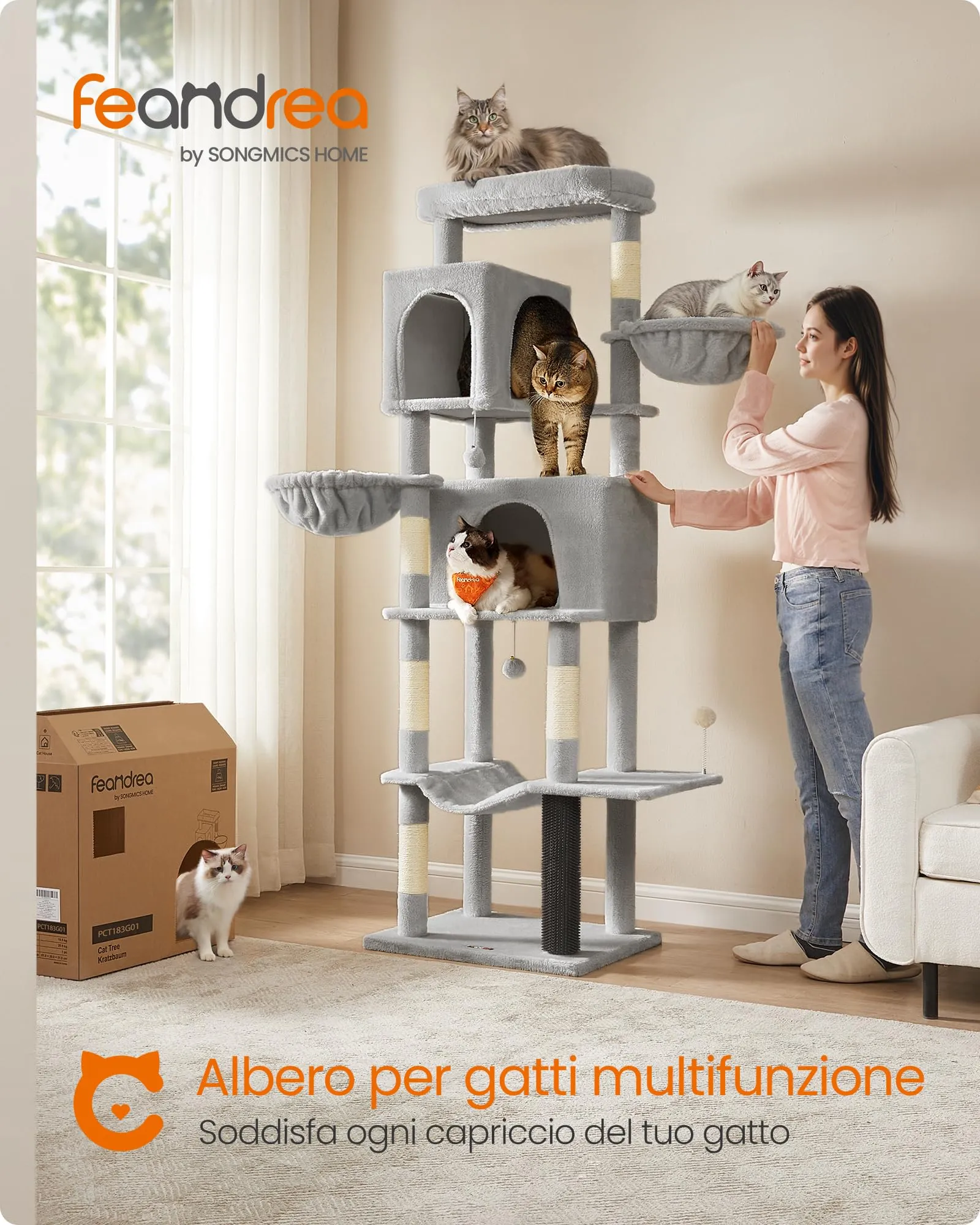 Feandrea Albero per Gatti Grande, Torre Tiragraffi Alto 190,7 cm, Multilivelli con 2 Grotte, 2 Cestini, 5 Graffiatoi, Autospazzola, Trespolo, Amaca, Grigio Tortora PCT183G01 - immagine 3