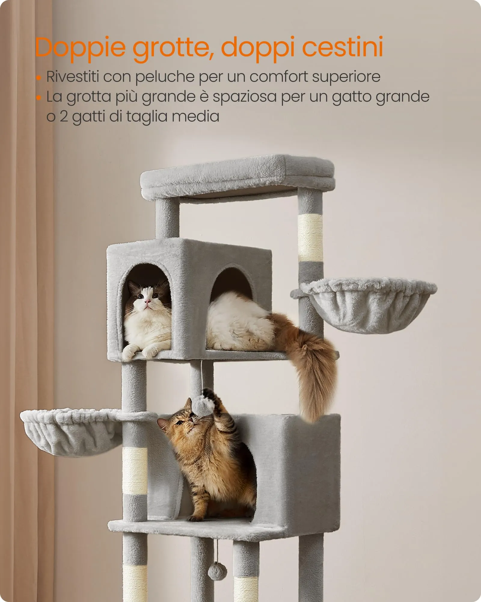 Feandrea Albero per Gatti Grande, Torre Tiragraffi Alto 190,7 cm, Multilivelli con 2 Grotte, 2 Cestini, 5 Graffiatoi, Autospazzola, Trespolo, Amaca, Grigio Tortora PCT183G01 - immagine 5