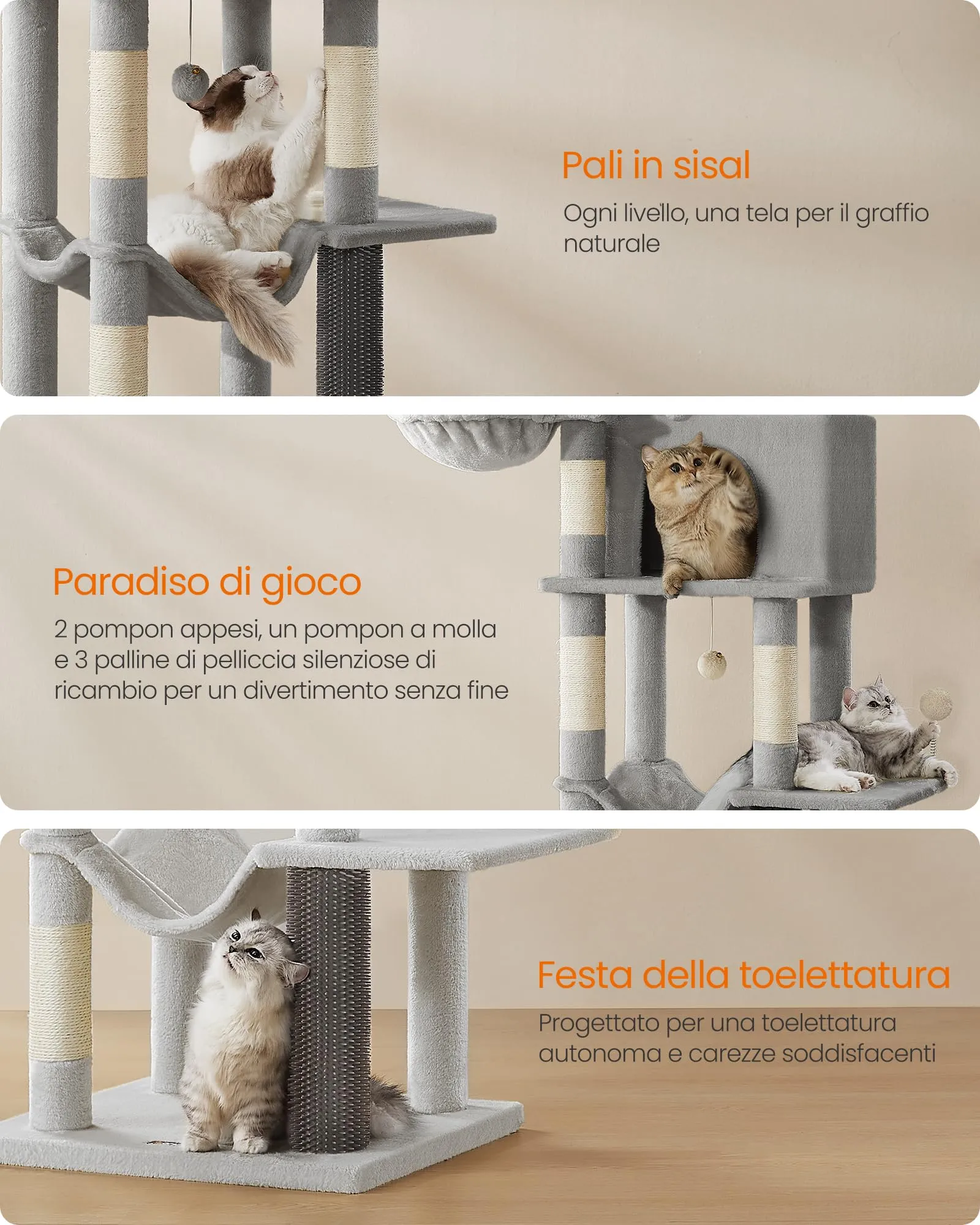 Feandrea Albero per Gatti Grande, Torre Tiragraffi Alto 190,7 cm, Multilivelli con 2 Grotte, 2 Cestini, 5 Graffiatoi, Autospazzola, Trespolo, Amaca, Grigio Tortora PCT183G01 - immagine 6