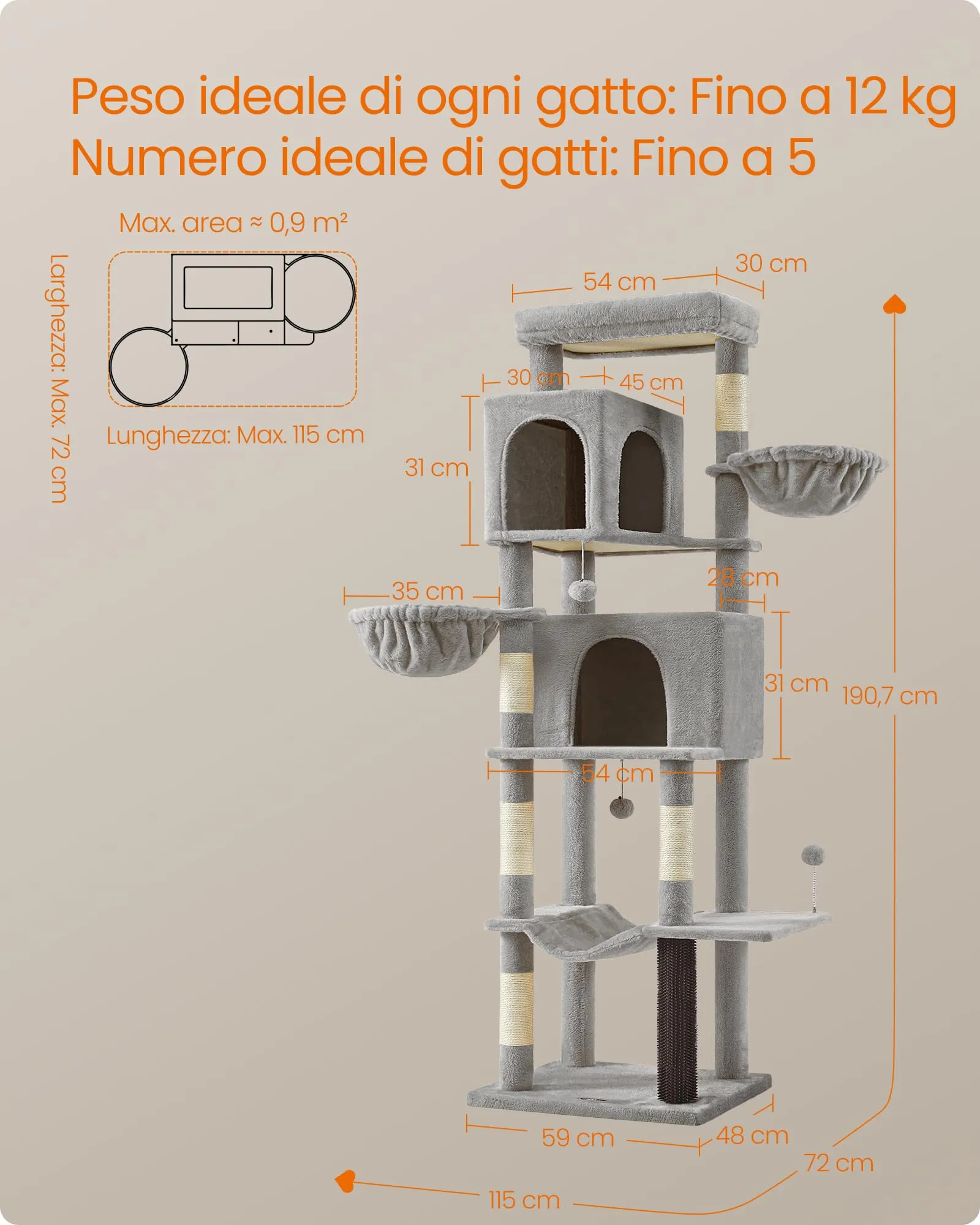 Feandrea Albero per Gatti Grande, Torre Tiragraffi Alto 190,7 cm, Multilivelli con 2 Grotte, 2 Cestini, 5 Graffiatoi, Autospazzola, Trespolo, Amaca, Grigio Tortora PCT183G01 - immagine 7
