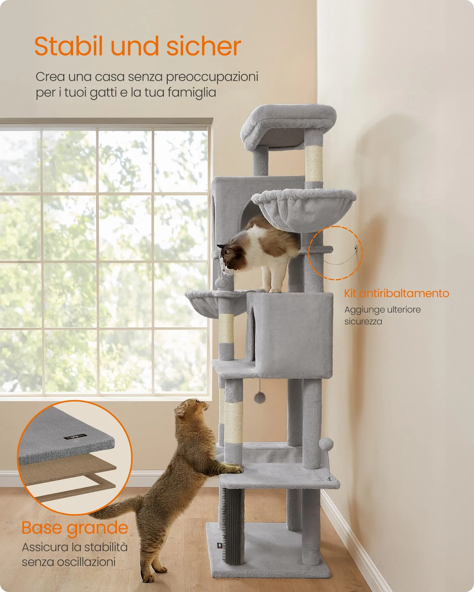 Feandrea Albero per Gatti Grande, Torre Tiragraffi Alto 190,7 cm, Multilivelli con 2 Grotte, 2 Cestini, 5 Graffiatoi, Autospazzola, Trespolo, Amaca, Grigio Tortora PCT183G01 - immagine 8