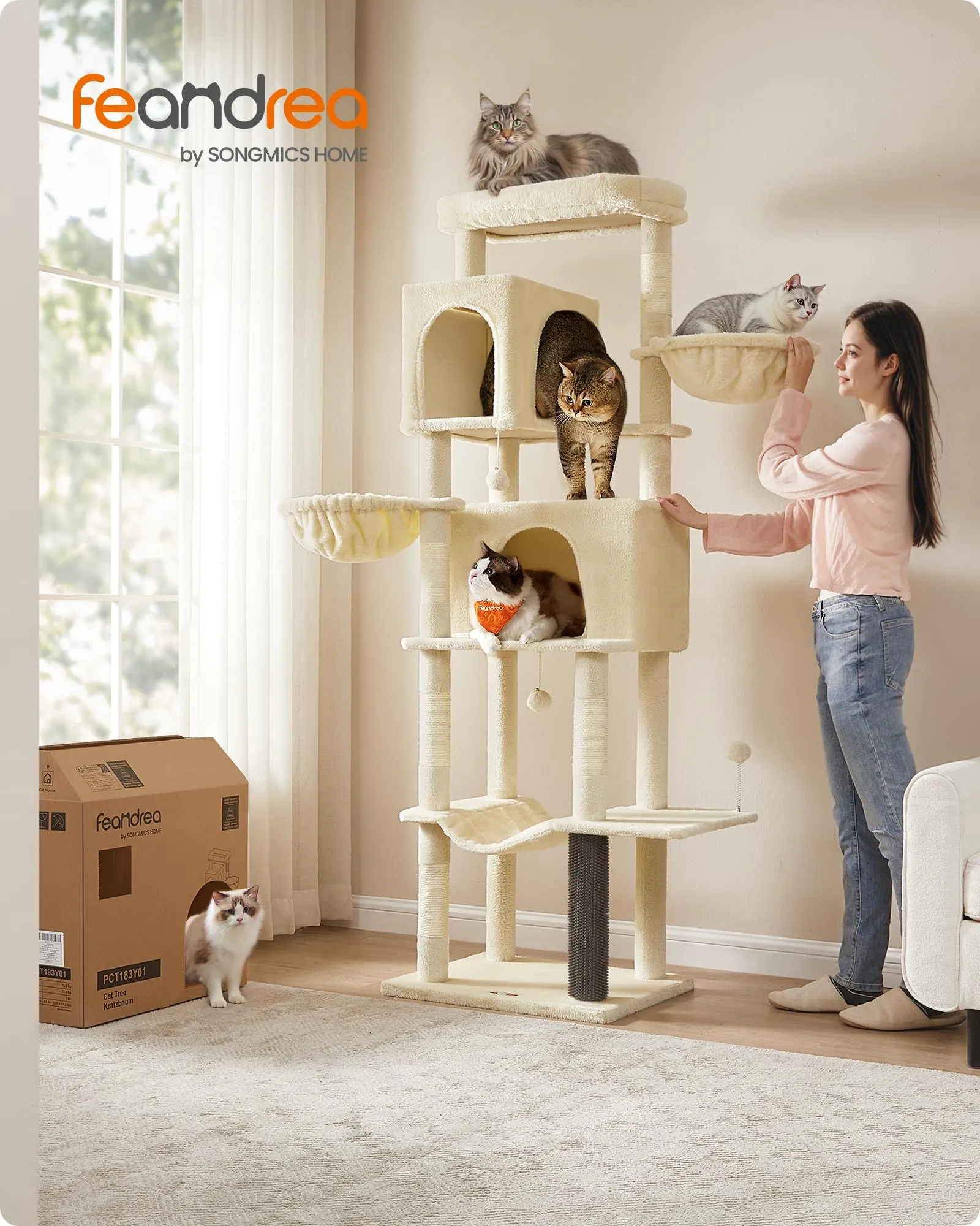 Feandrea Albero per Gatti Grande, Torre Tiragraffi Alto 190,7 cm, Multilivelli con 2 Grotte, 2 Cestini, 5 Graffiatoi, Autospazzola, Trespolo, Amaca, Beige Sabbia PCT183Y01 - immagine 2