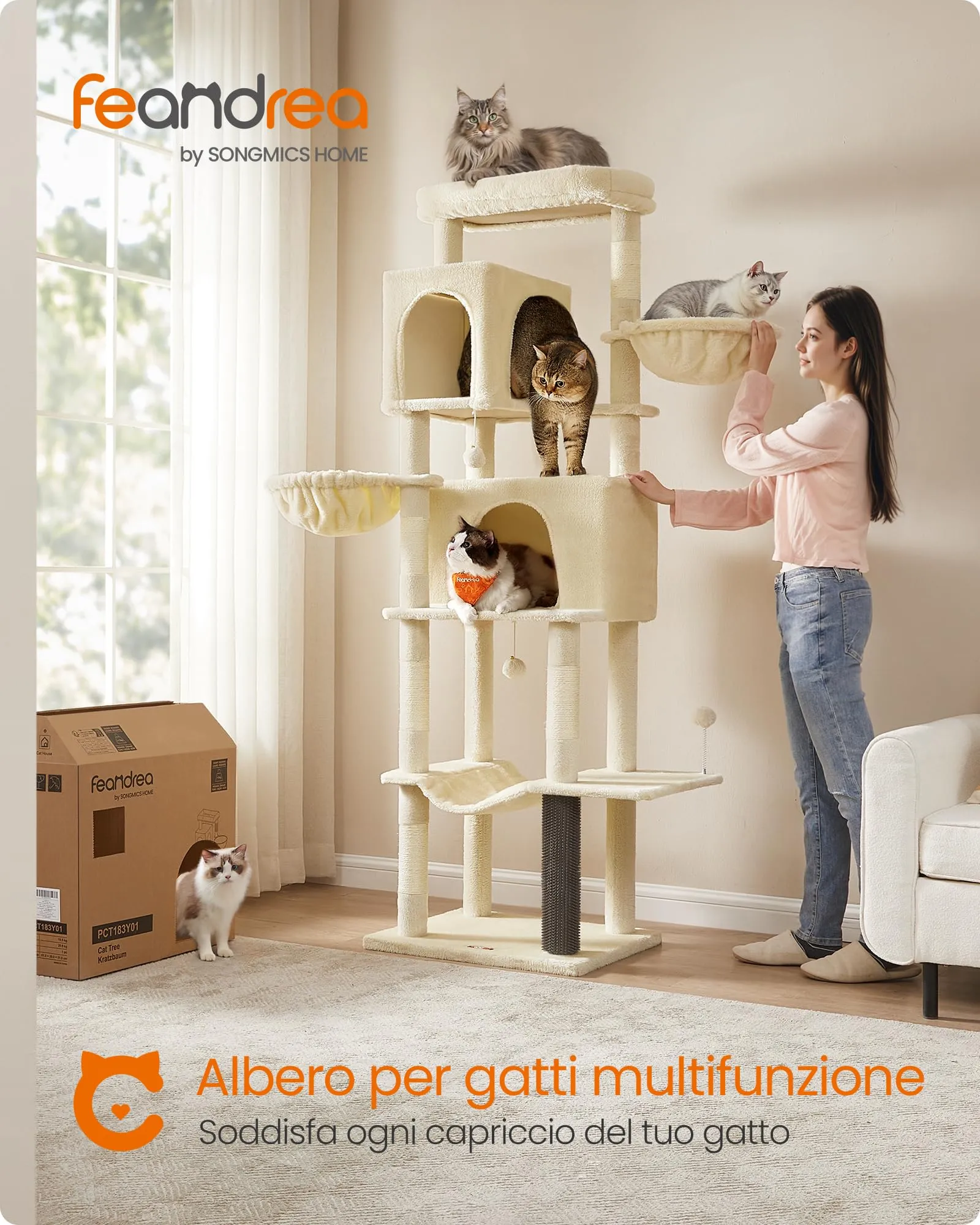 Feandrea Albero per Gatti Grande, Torre Tiragraffi Alto 190,7 cm, Multilivelli con 2 Grotte, 2 Cestini, 5 Graffiatoi, Autospazzola, Trespolo, Amaca, Beige Sabbia PCT183Y01 - immagine 3
