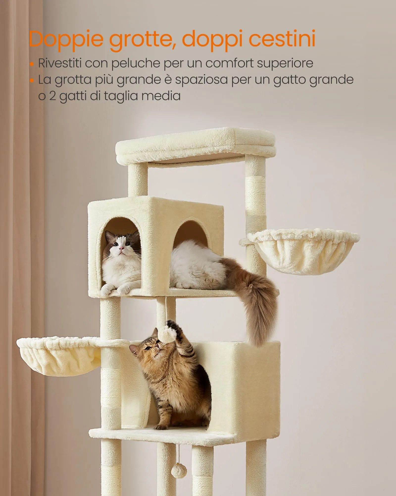 Feandrea Albero per Gatti Grande, Torre Tiragraffi Alto 190,7 cm, Multilivelli con 2 Grotte, 2 Cestini, 5 Graffiatoi, Autospazzola, Trespolo, Amaca, Beige Sabbia PCT183Y01 - immagine 5