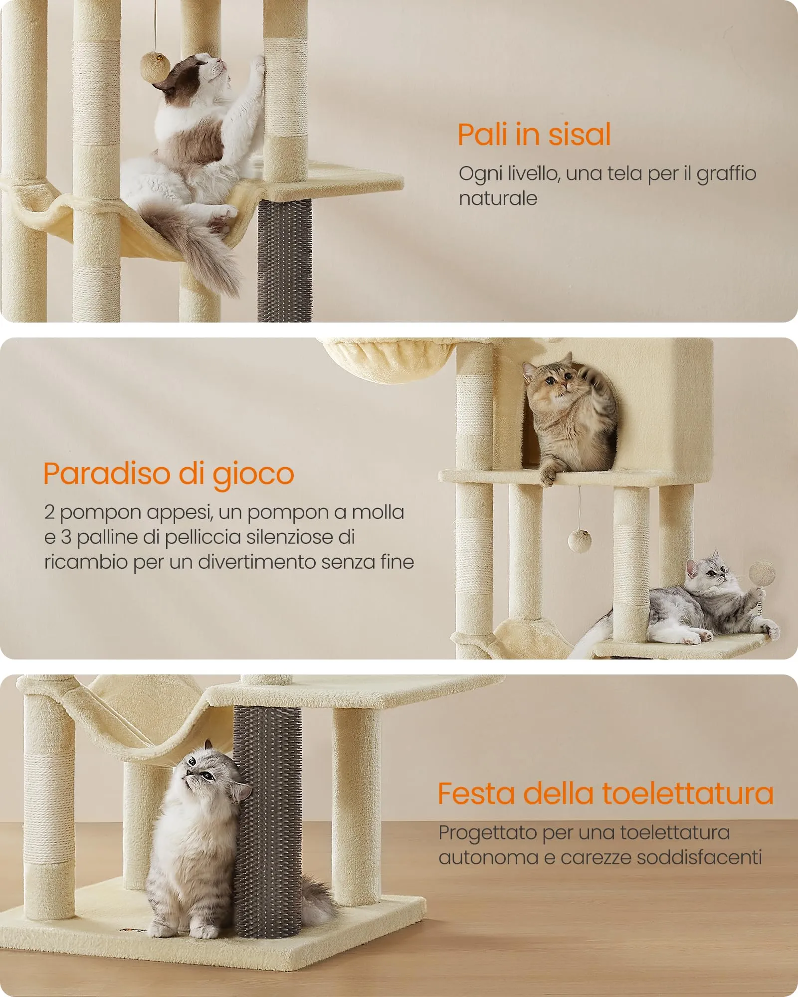 Feandrea Albero per Gatti Grande, Torre Tiragraffi Alto 190,7 cm, Multilivelli con 2 Grotte, 2 Cestini, 5 Graffiatoi, Autospazzola, Trespolo, Amaca, Beige Sabbia PCT183Y01 - immagine 6