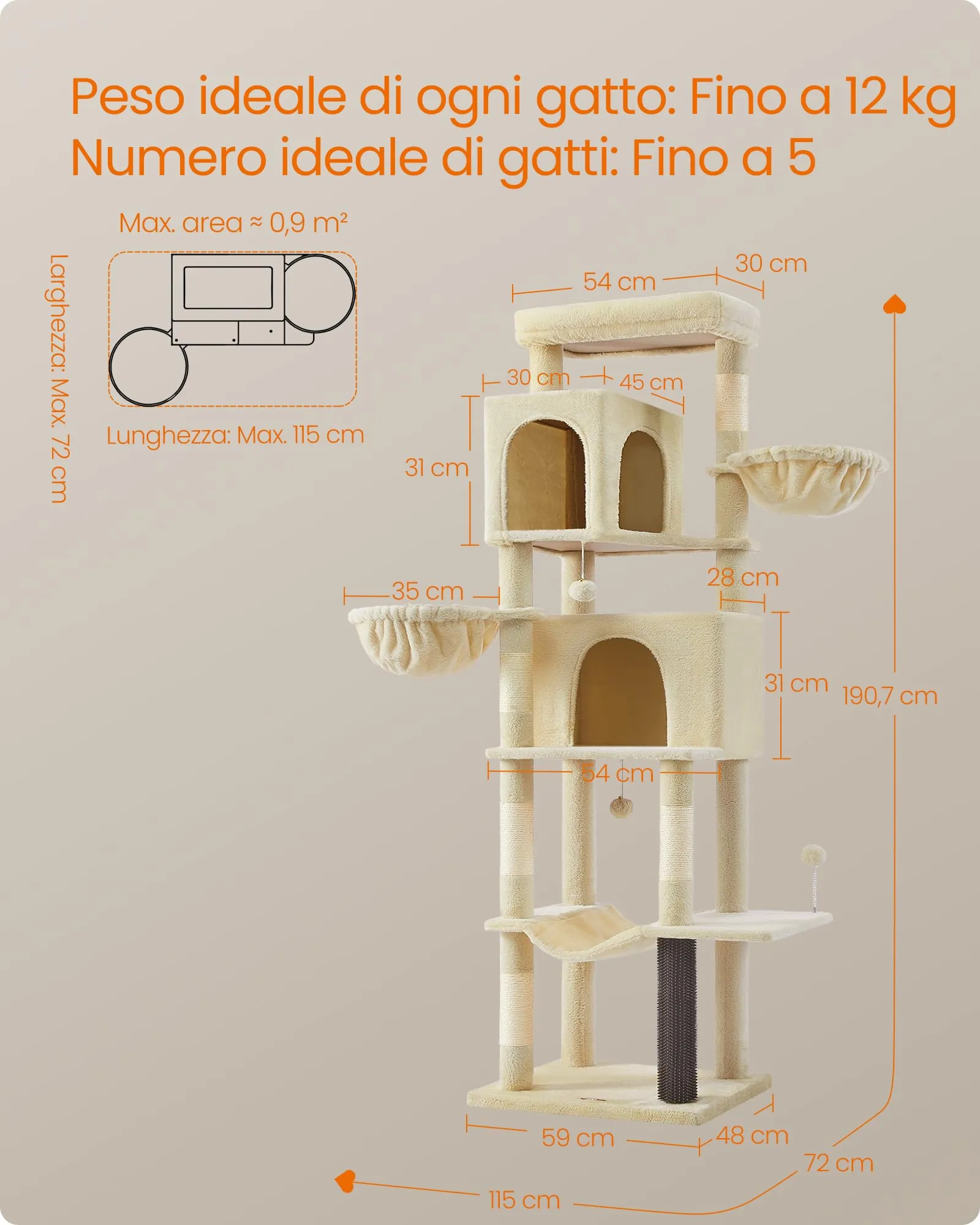 Feandrea Albero per Gatti Grande, Torre Tiragraffi Alto 190,7 cm, Multilivelli con 2 Grotte, 2 Cestini, 5 Graffiatoi, Autospazzola, Trespolo, Amaca, Beige Sabbia PCT183Y01 - immagine 7