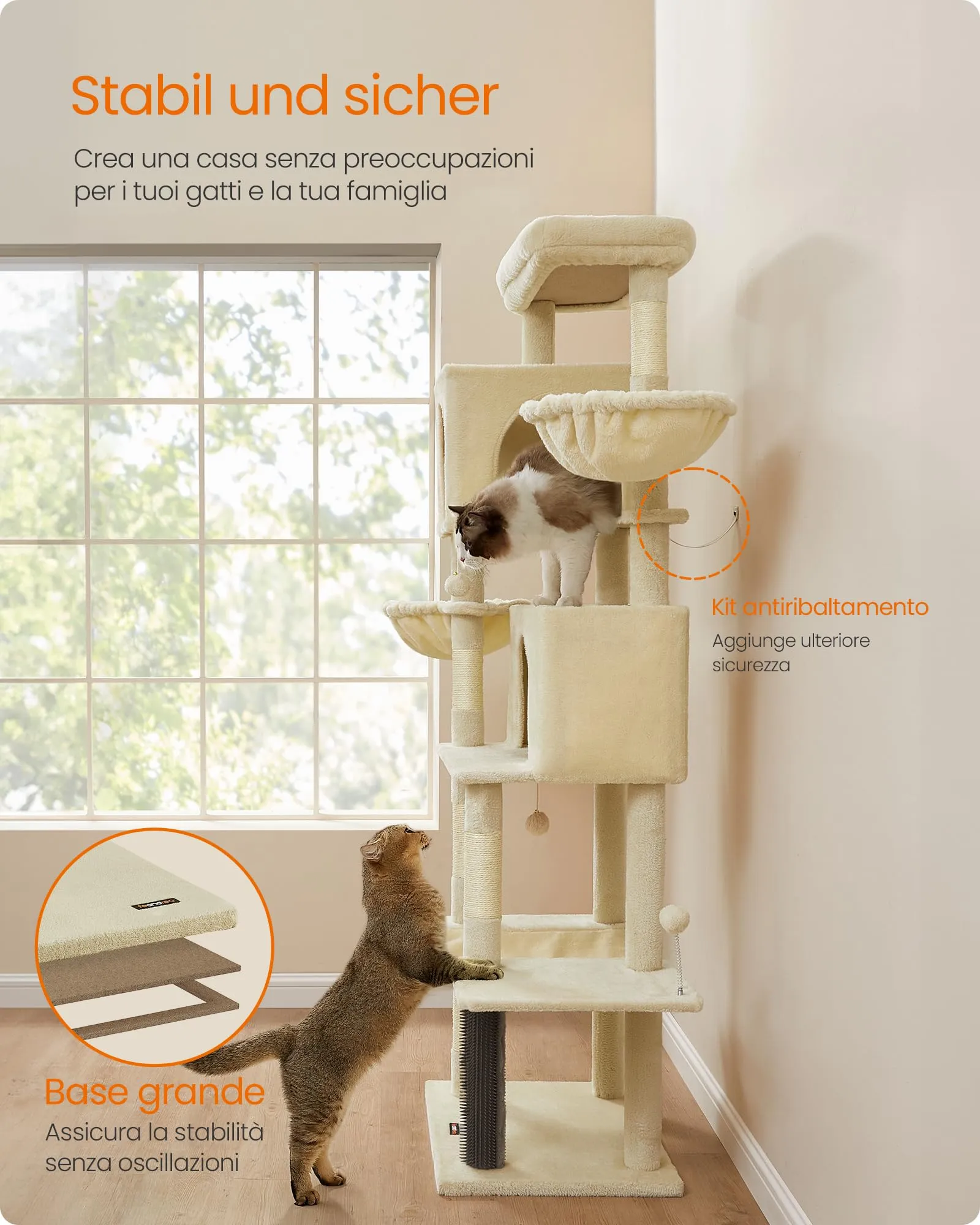 Feandrea Albero per Gatti Grande, Torre Tiragraffi Alto 190,7 cm, Multilivelli con 2 Grotte, 2 Cestini, 5 Graffiatoi, Autospazzola, Trespolo, Amaca, Beige Sabbia PCT183Y01 - immagine 8