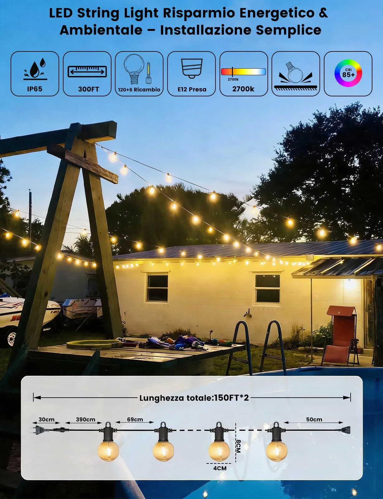 ZOTOYI G40 Catena Luminose Esterno 300FT/90M (2x45M), 120+6 LED Bulbs (2-Pack) - immagine 5