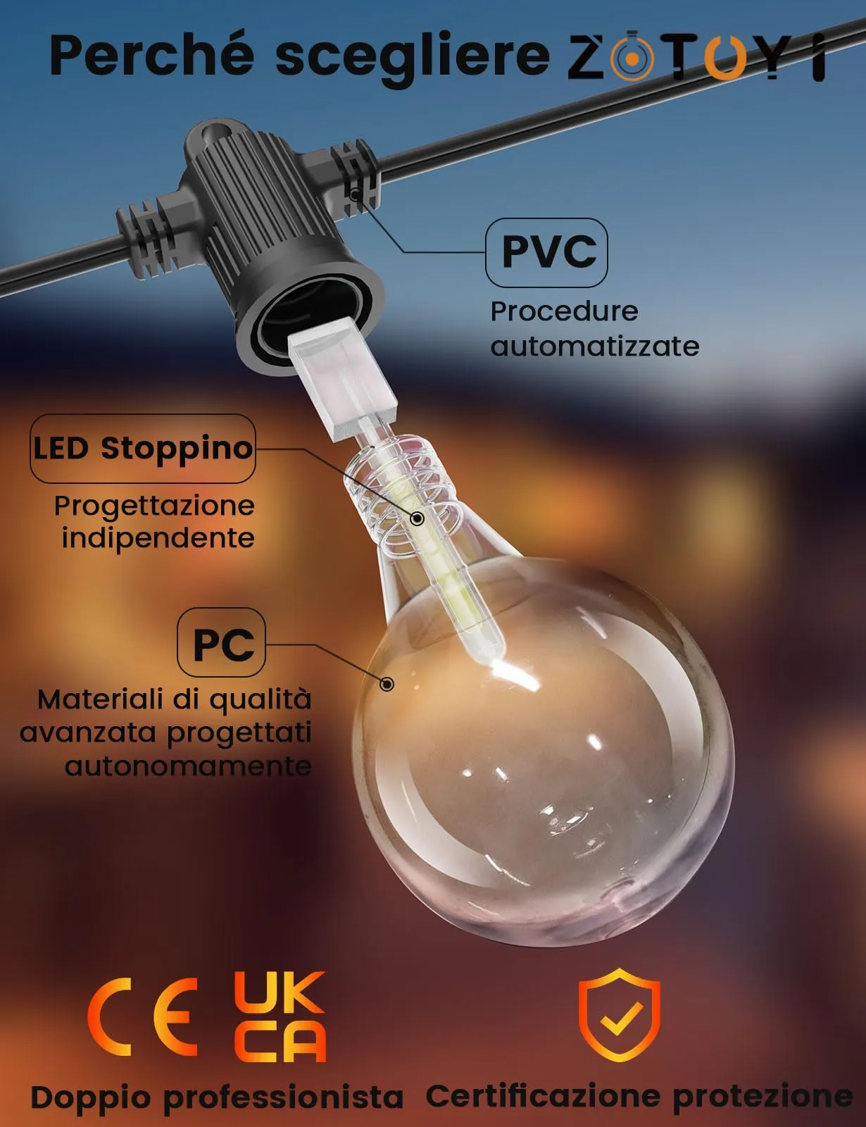ZOTOYI G40 Catena Luminose Esterno 300FT/90M (2x45M), 120+6 LED Bulbs (2-Pack) - immagine 6