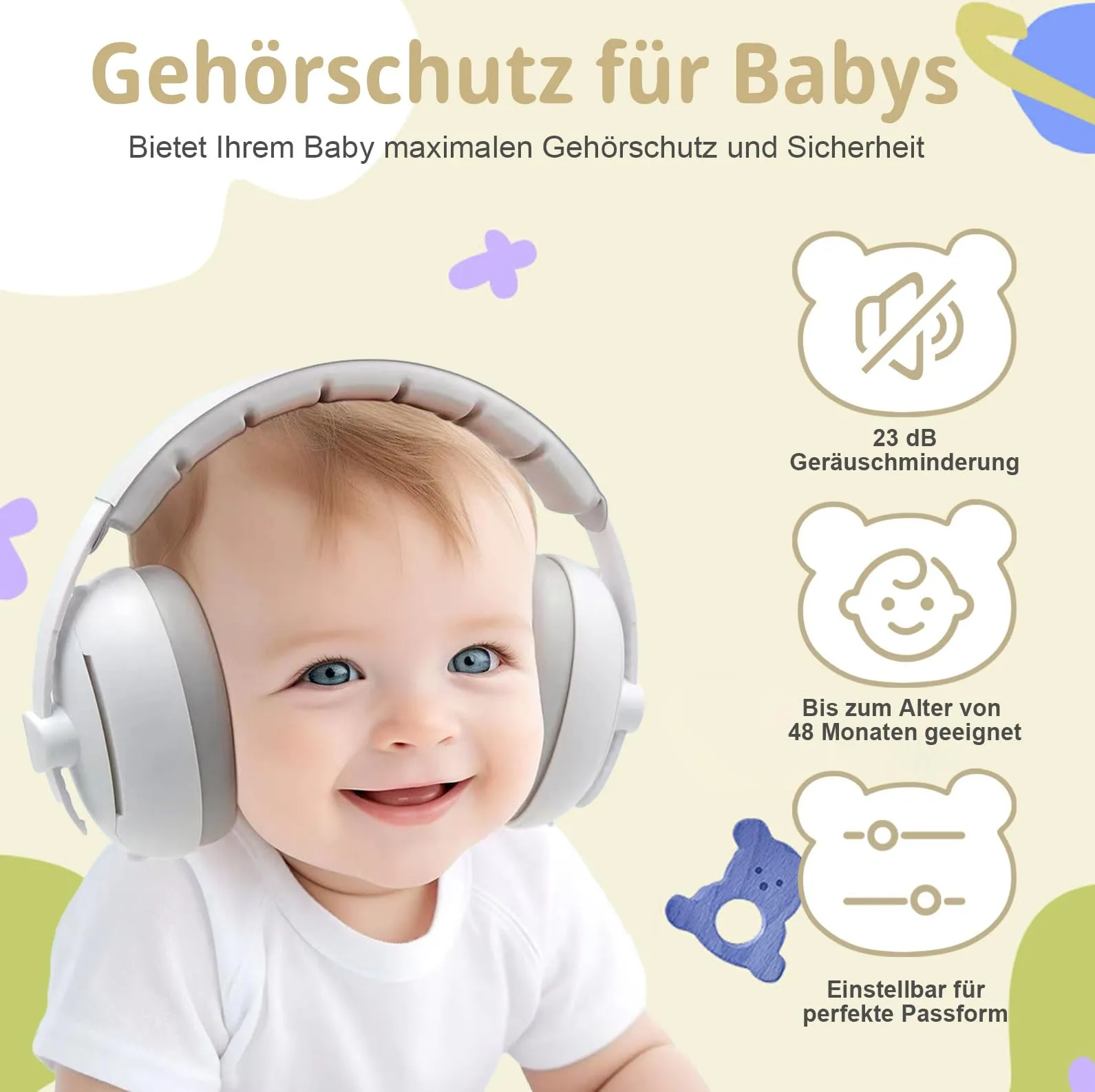 Robofun 2 in 1 Cuffie Neonato Antirumore, Protettori Acustici per Neonati -25dB, Fasce Regolabili, Protezione Acustica Ideale per Neonati fino a 48 Mesi, Confortevoli - Grau - immagine 2