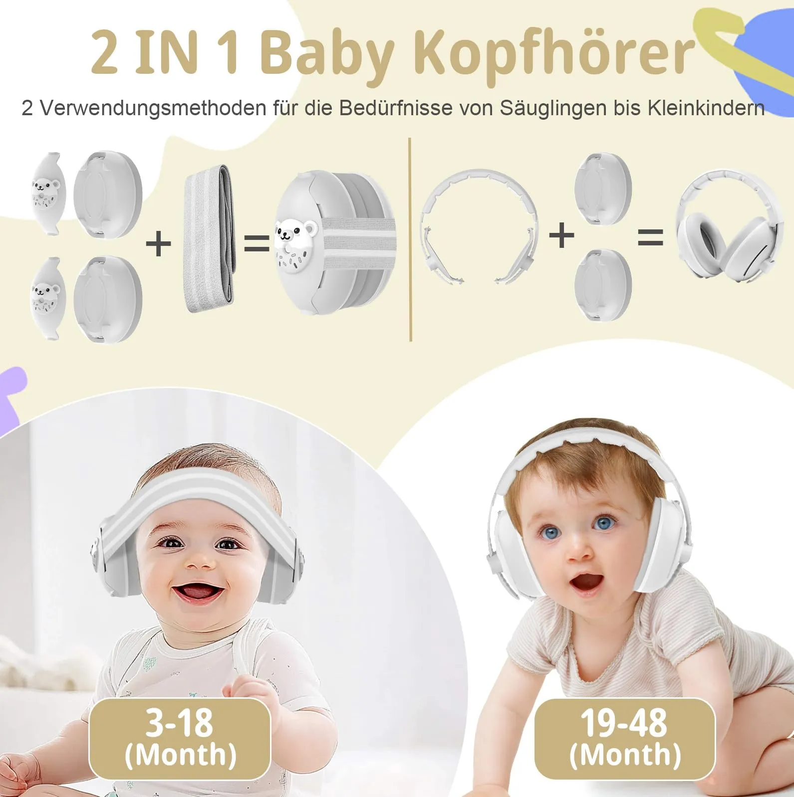 Robofun 2 in 1 Cuffie Neonato Antirumore, Protettori Acustici per Neonati -25dB, Fasce Regolabili, Protezione Acustica Ideale per Neonati fino a 48 Mesi, Confortevoli - Grau - immagine 3