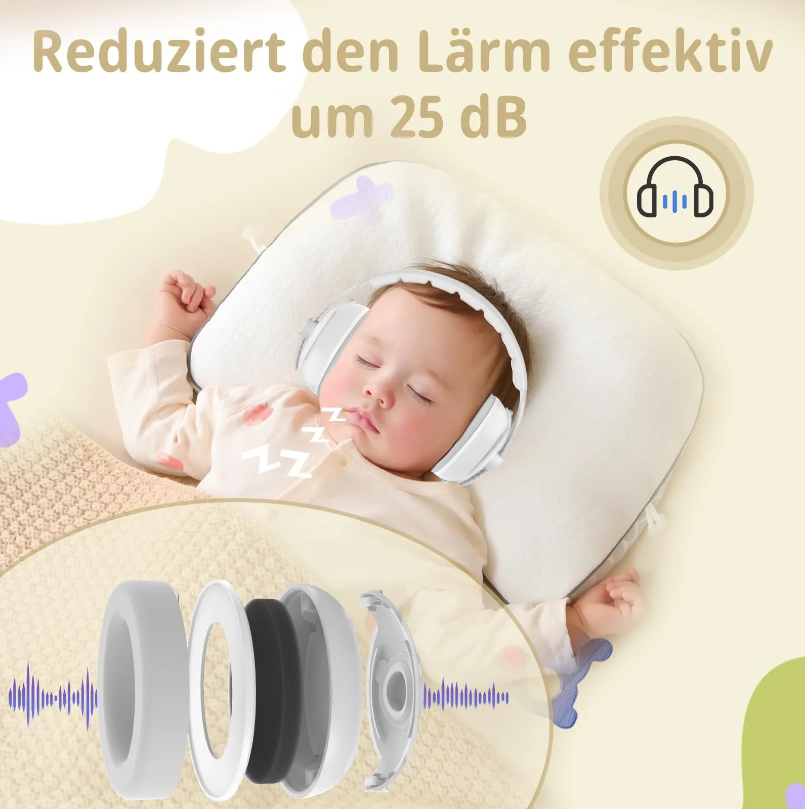 Robofun 2 in 1 Cuffie Neonato Antirumore, Protettori Acustici per Neonati -25dB, Fasce Regolabili, Protezione Acustica Ideale per Neonati fino a 48 Mesi, Confortevoli - Grau - immagine 5