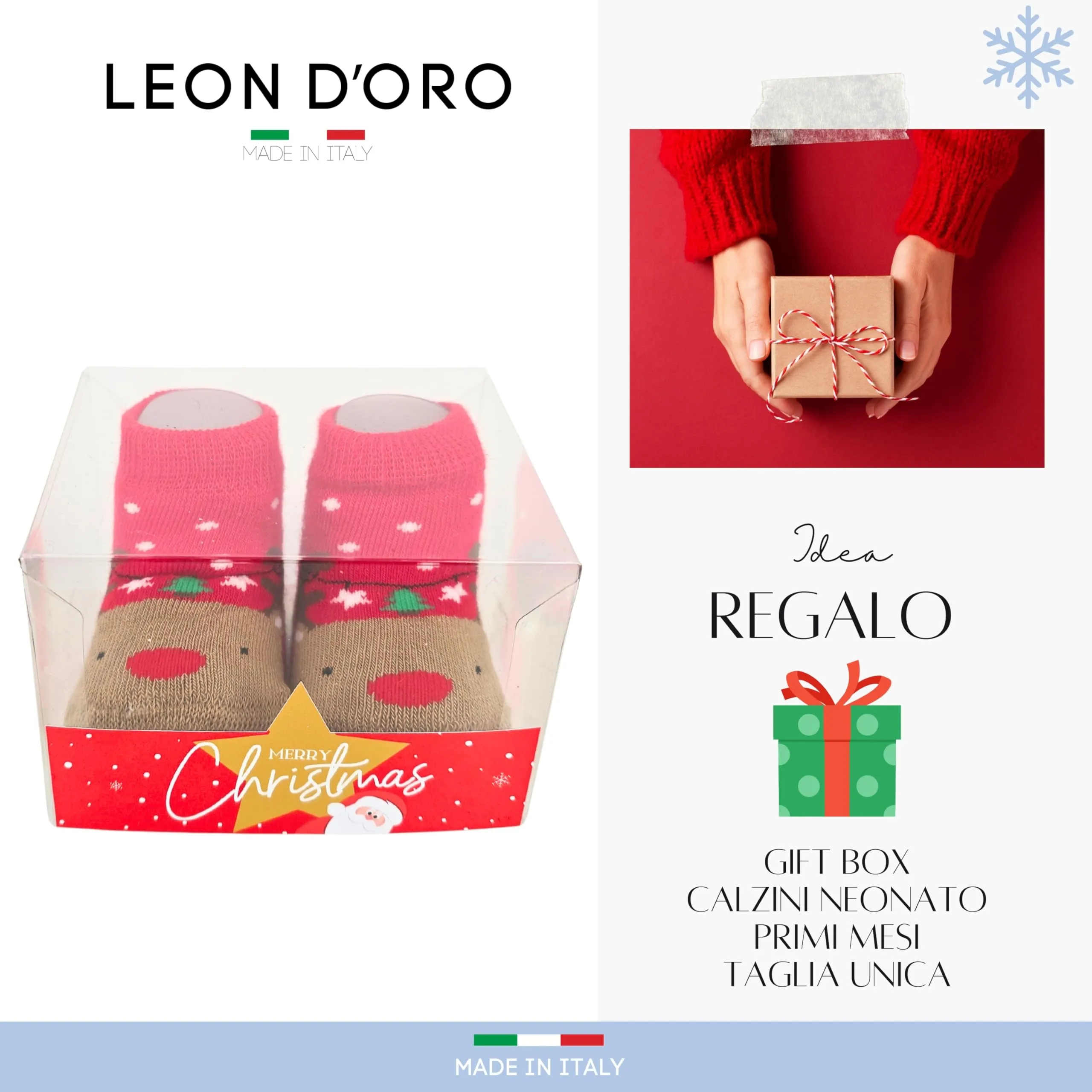 LEON D'ORO Calze Natale Neonato il primo Natale Calzini Regalo Scarpine 0-6 mesi Made in Italy (IT, Età, 0 mesi, 6 mesi, ASS1) - immagine 3